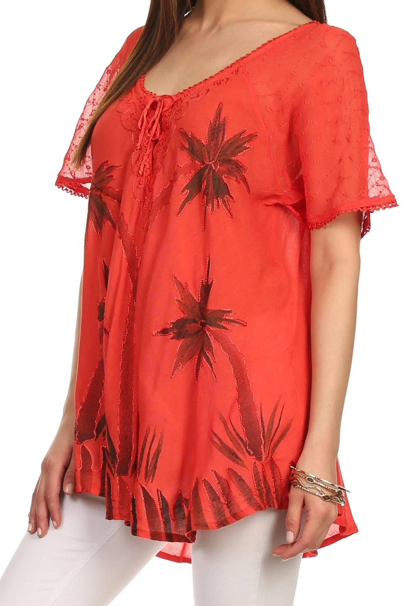 Sakkas Albina Island Relaxed Fit Embroidery Cap Sleeves Blouse / Top