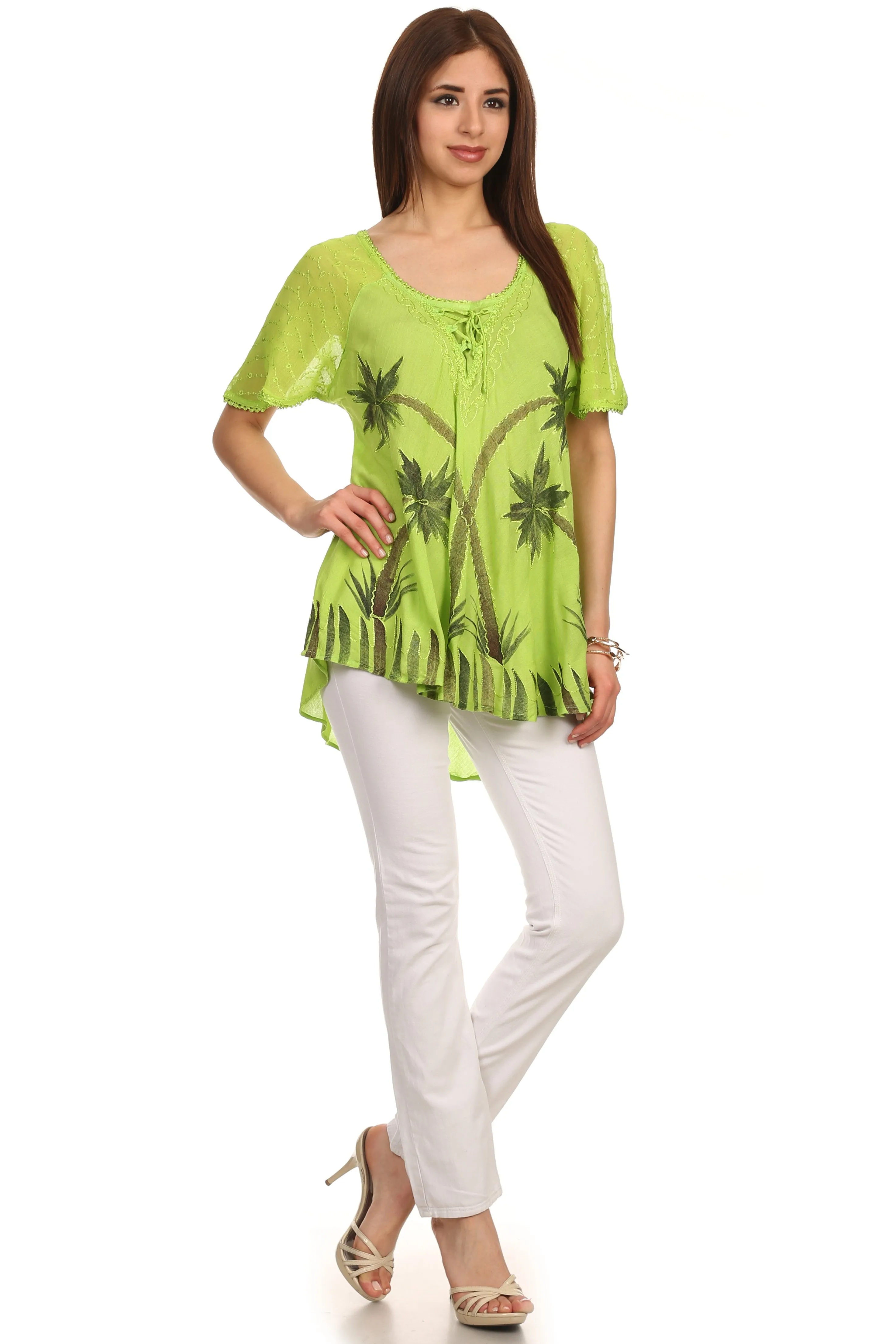 Sakkas Albina Island Relaxed Fit Embroidery Cap Sleeves Blouse / Top