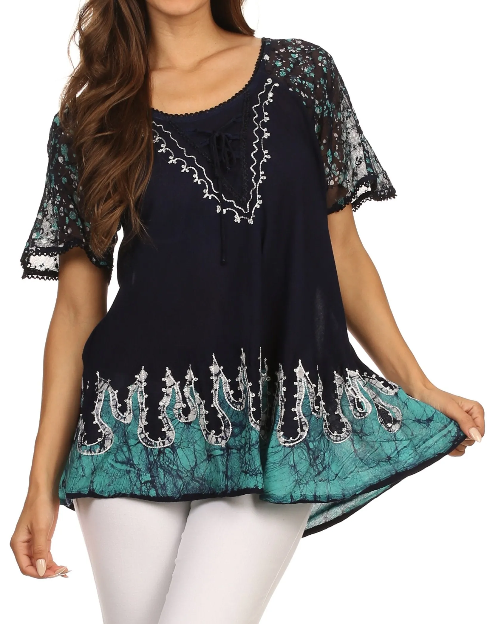 Sakkas Cora Relaxed Fit Batik Design Embroidery Cap Sleeves Blouse / Top