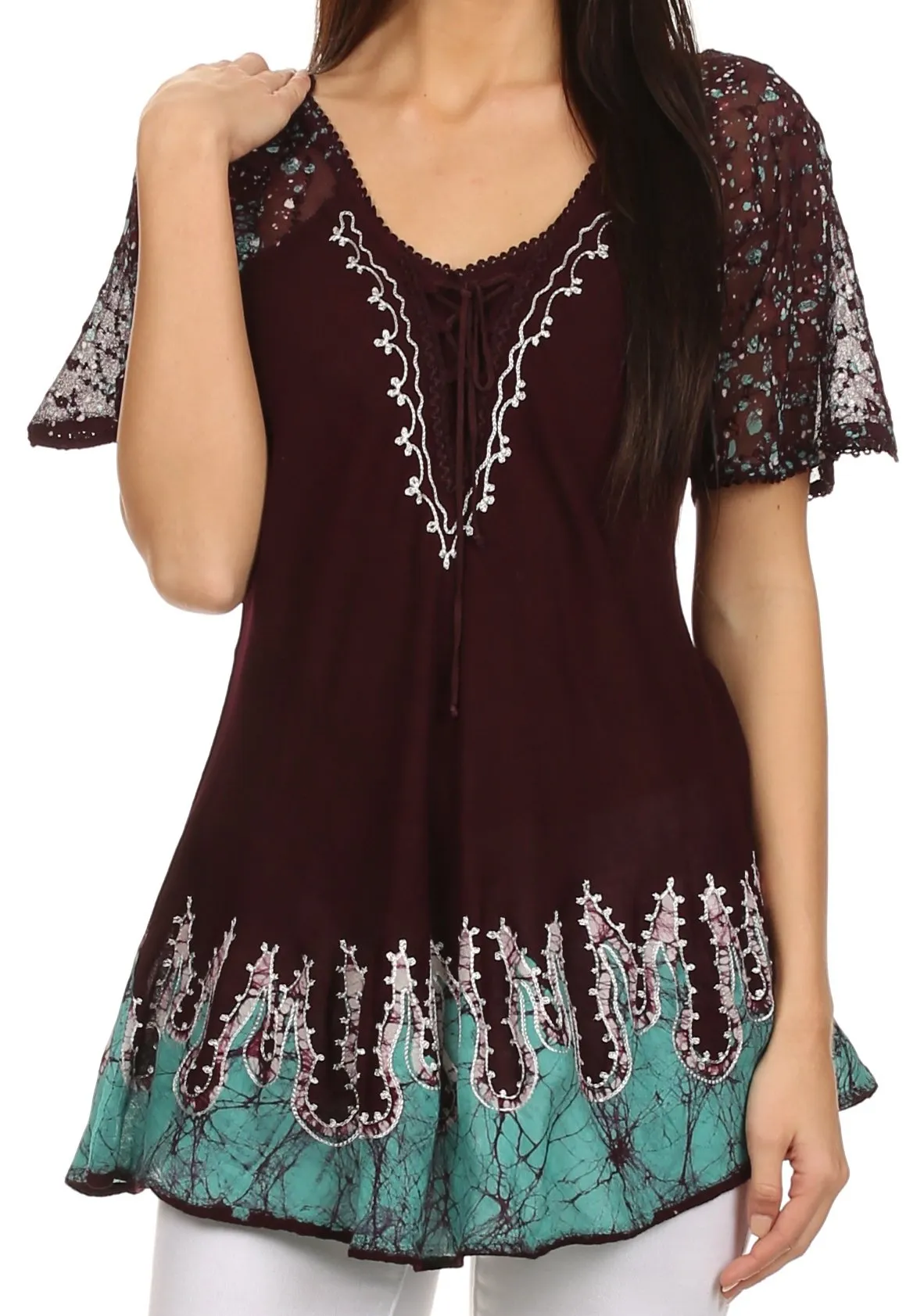 Sakkas Cora Relaxed Fit Batik Design Embroidery Cap Sleeves Blouse / Top