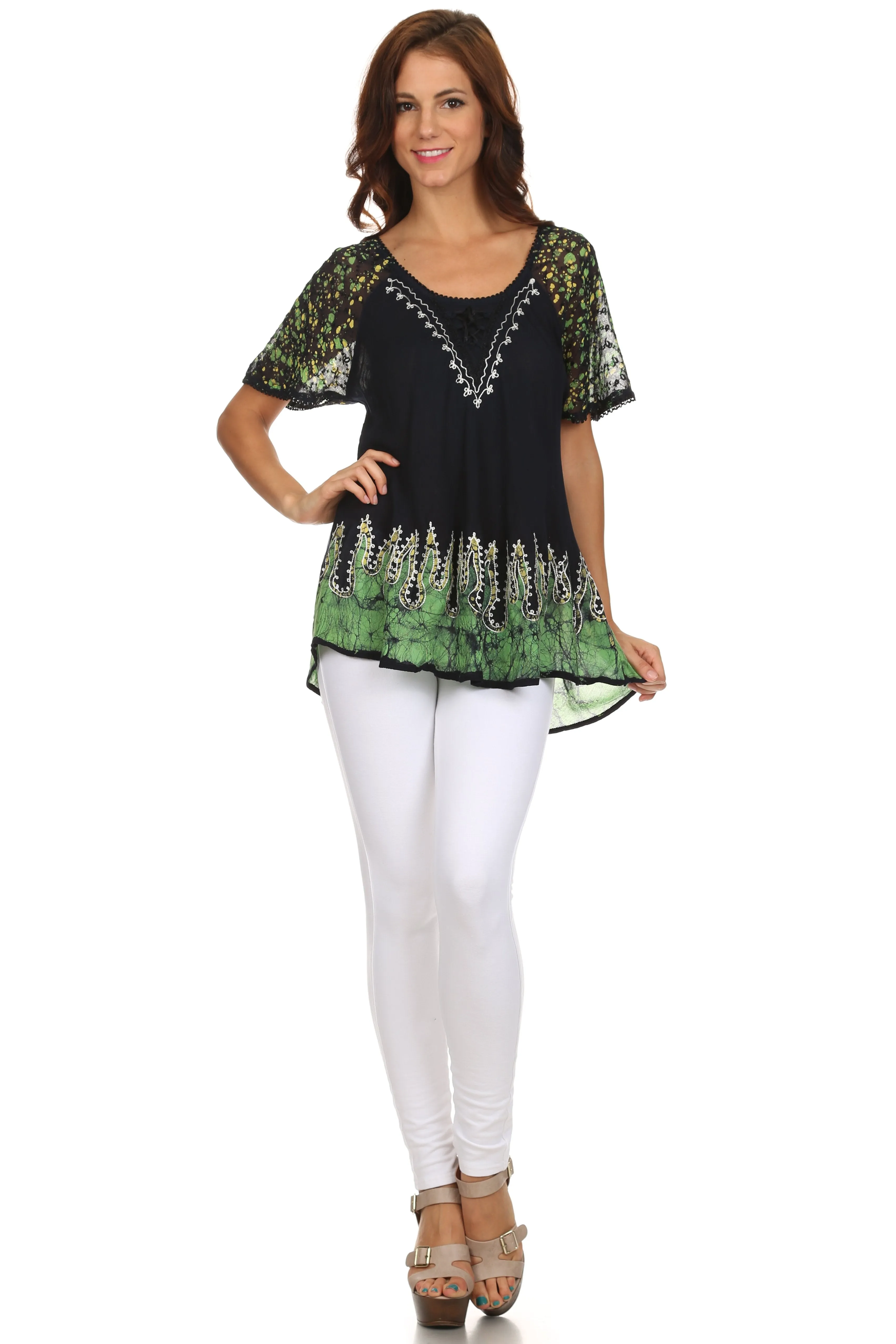 Sakkas Cora Relaxed Fit Batik Design Embroidery Cap Sleeves Blouse / Top