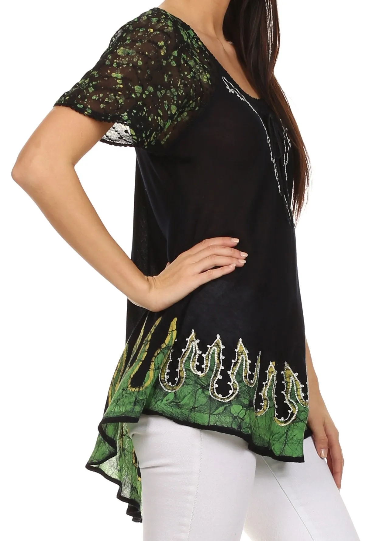 Sakkas Cora Relaxed Fit Batik Design Embroidery Cap Sleeves Blouse / Top