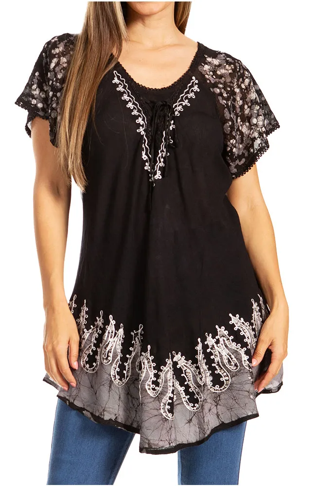 Sakkas Cora Relaxed Fit Batik Design Embroidery Cap Sleeves Blouse / Top