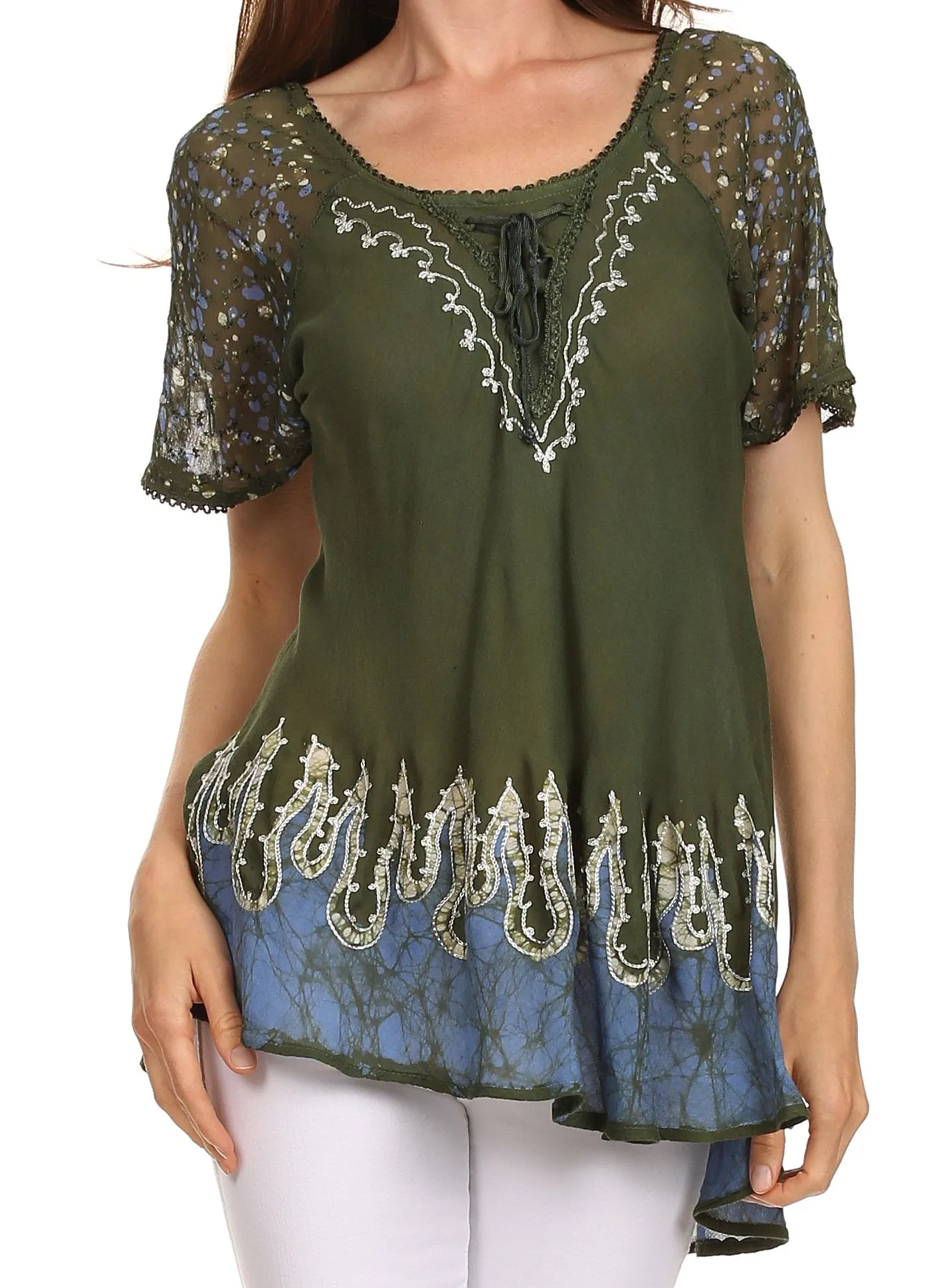 Sakkas Cora Relaxed Fit Batik Design Embroidery Cap Sleeves Blouse / Top