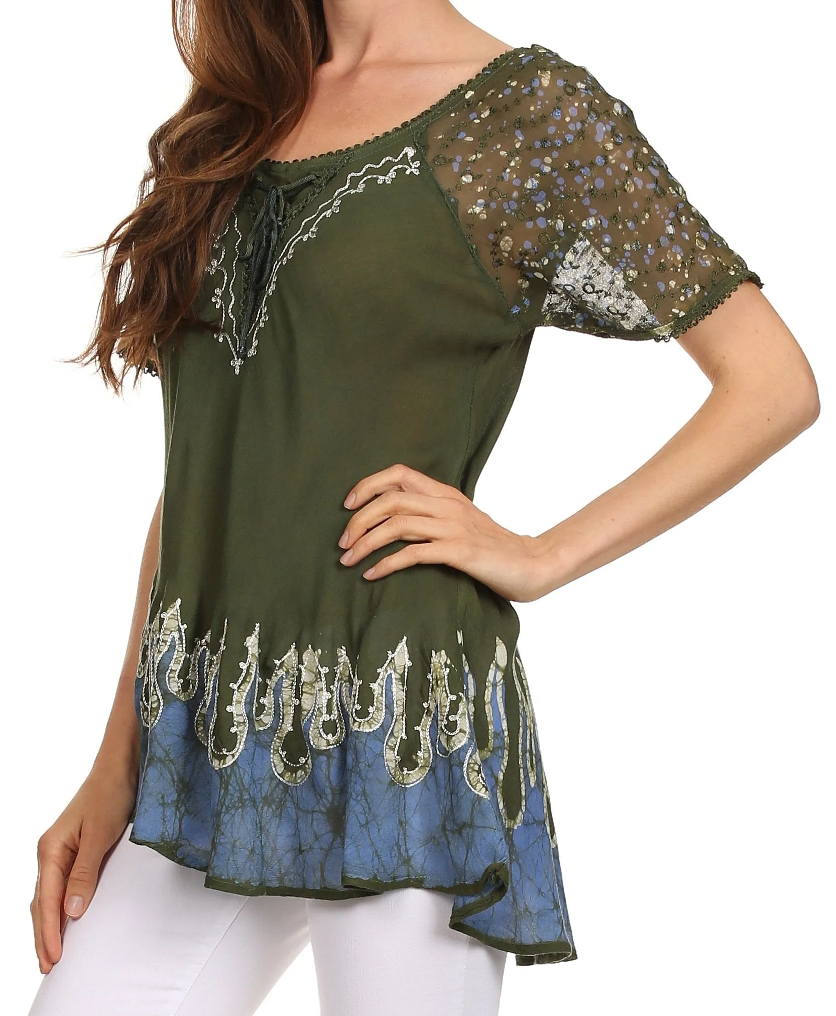 Sakkas Cora Relaxed Fit Batik Design Embroidery Cap Sleeves Blouse / Top