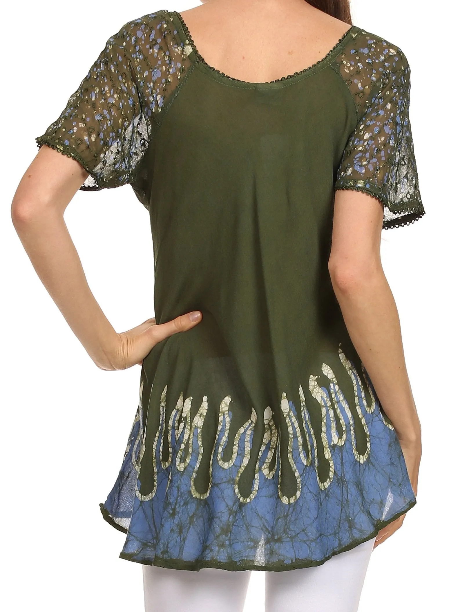 Sakkas Cora Relaxed Fit Batik Design Embroidery Cap Sleeves Blouse / Top