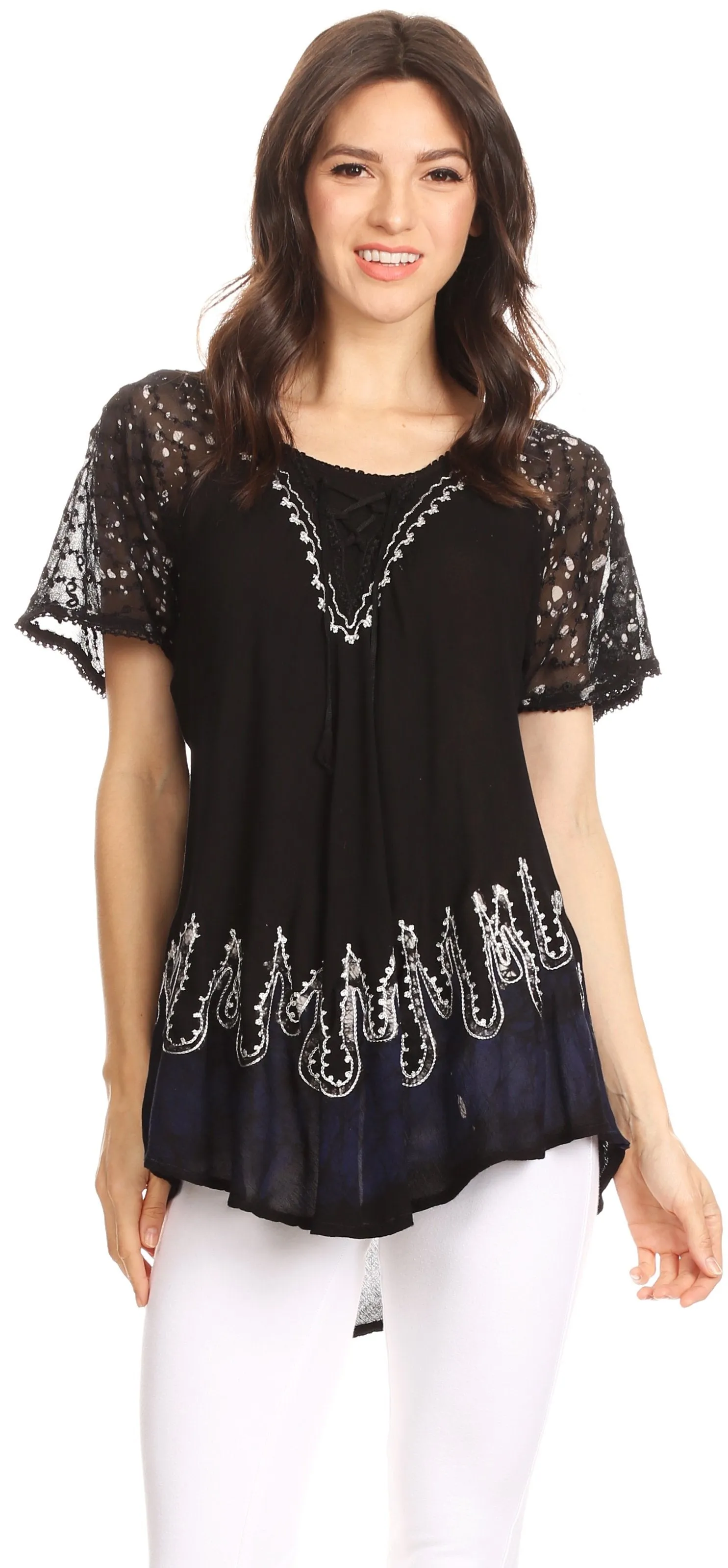 Sakkas Cora Relaxed Fit Batik Design Embroidery Cap Sleeves Blouse / Top