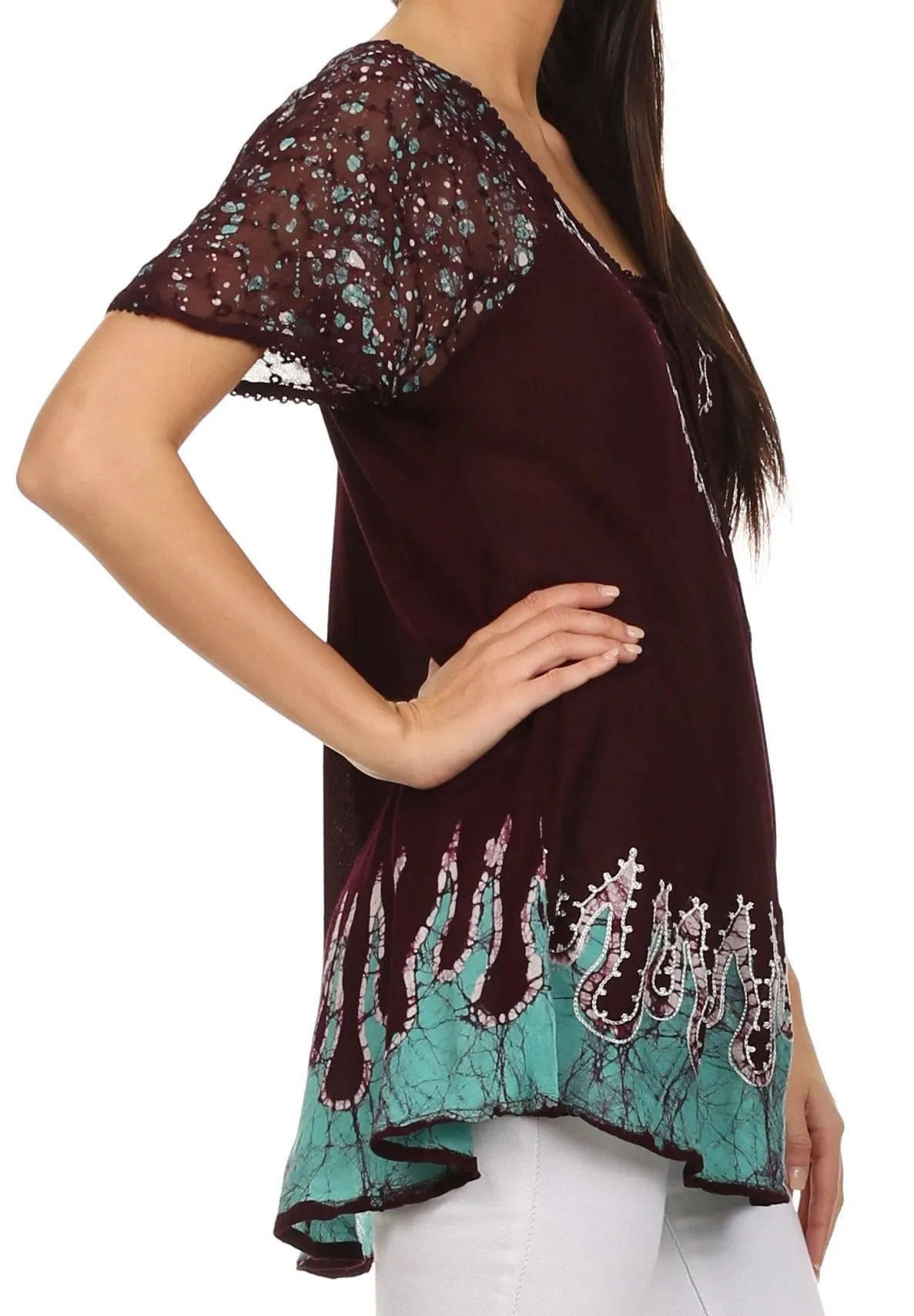 Sakkas Cora Relaxed Fit Batik Design Embroidery Cap Sleeves Blouse / Top