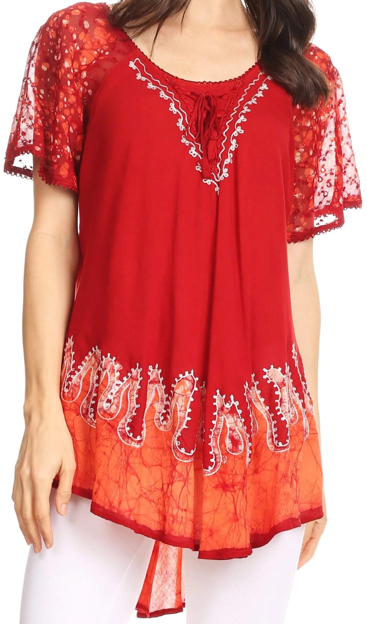 Sakkas Cora Relaxed Fit Batik Design Embroidery Cap Sleeves Blouse / Top