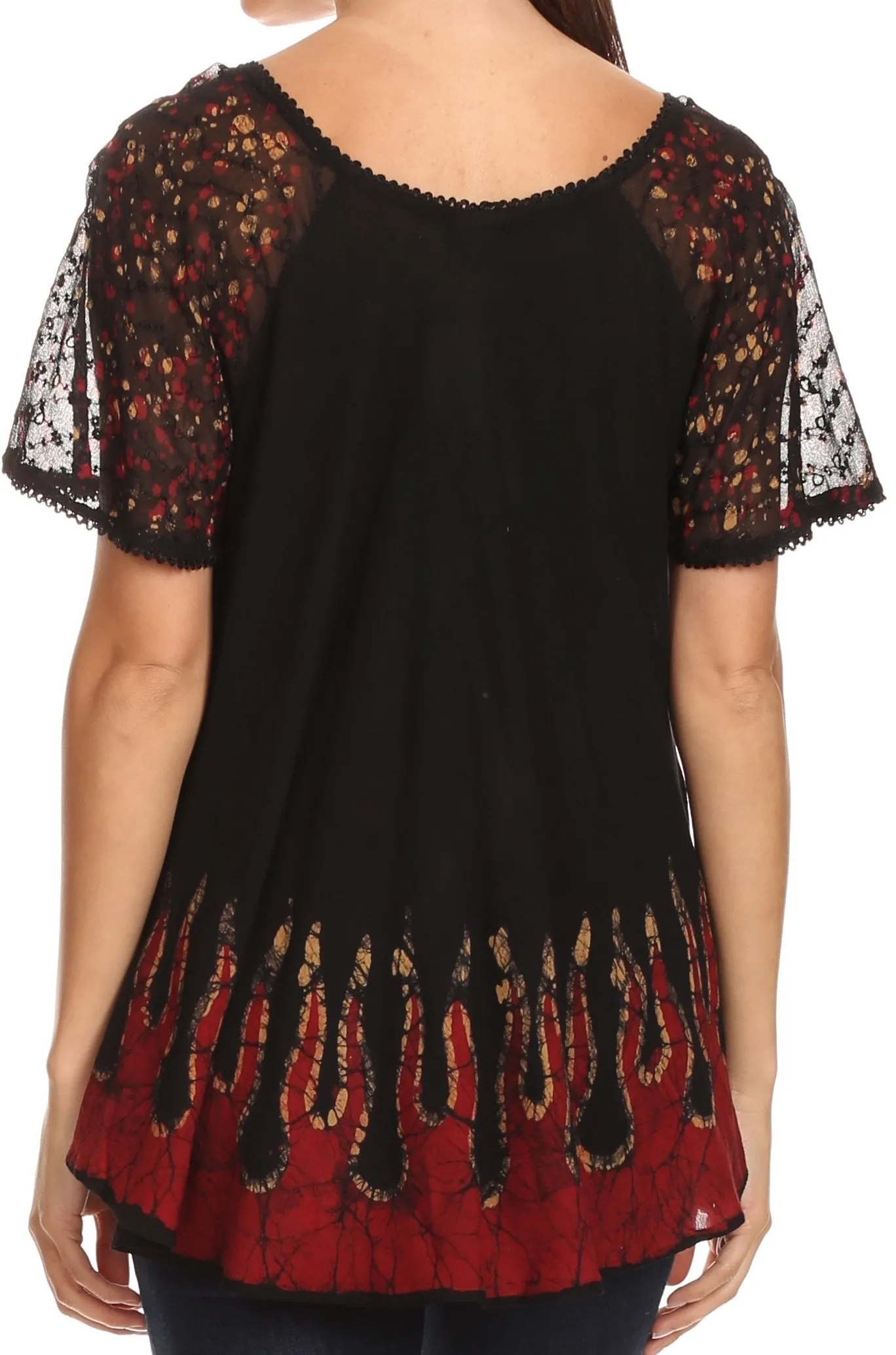 Sakkas Cora Relaxed Fit Batik Design Embroidery Cap Sleeves Blouse / Top