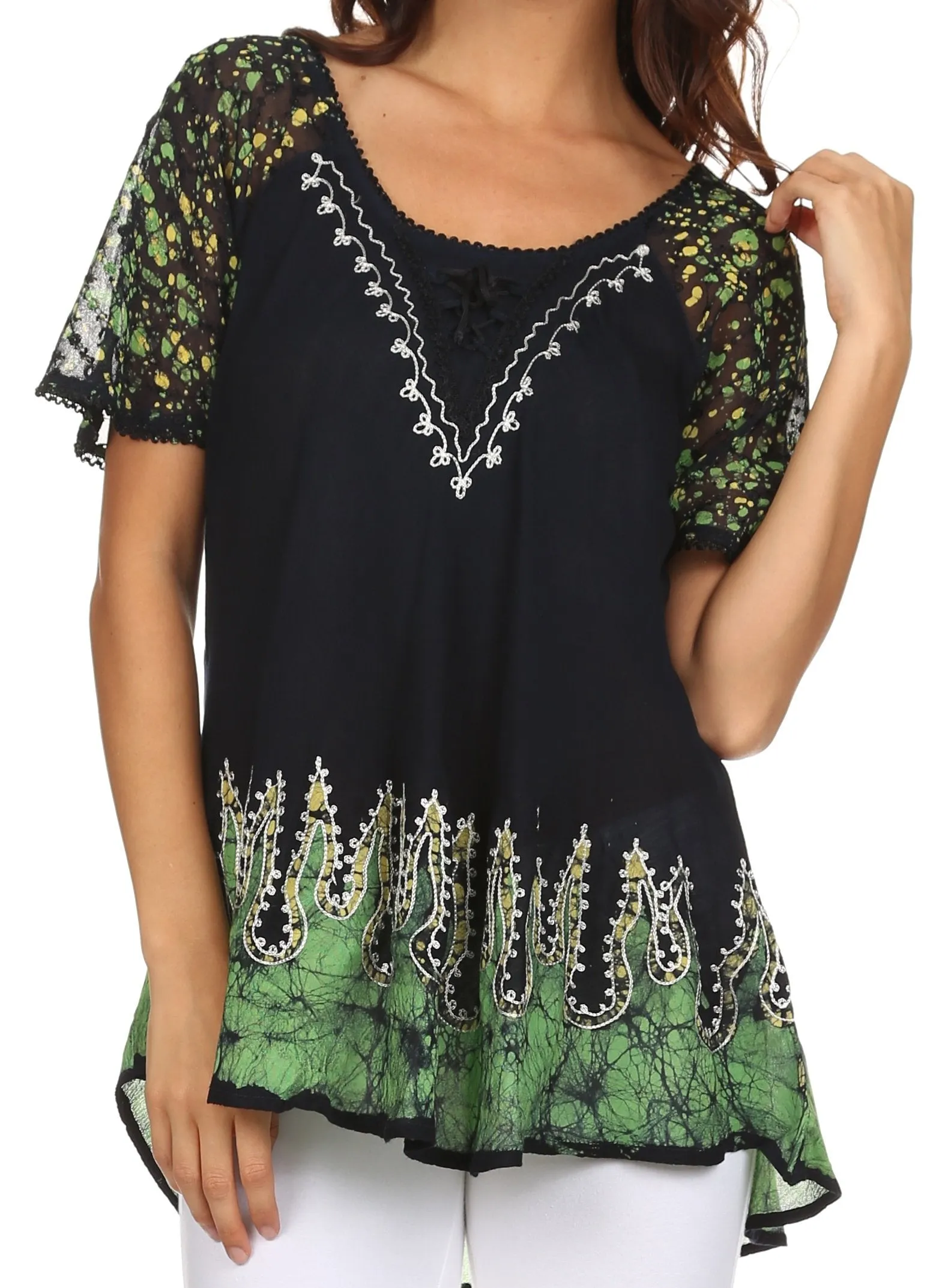 Sakkas Cora Relaxed Fit Batik Design Embroidery Cap Sleeves Blouse / Top