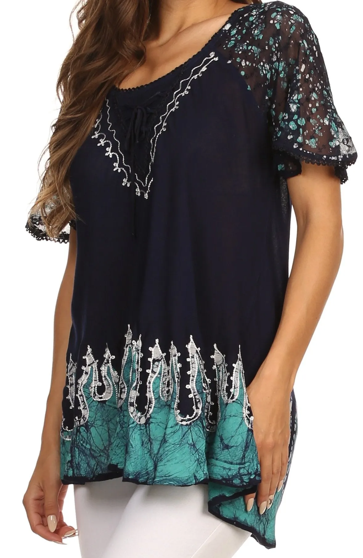 Sakkas Cora Relaxed Fit Batik Design Embroidery Cap Sleeves Blouse / Top