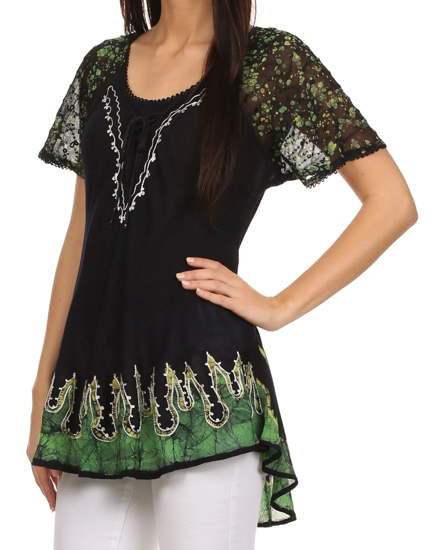 Sakkas Cora Relaxed Fit Batik Design Embroidery Cap Sleeves Blouse / Top