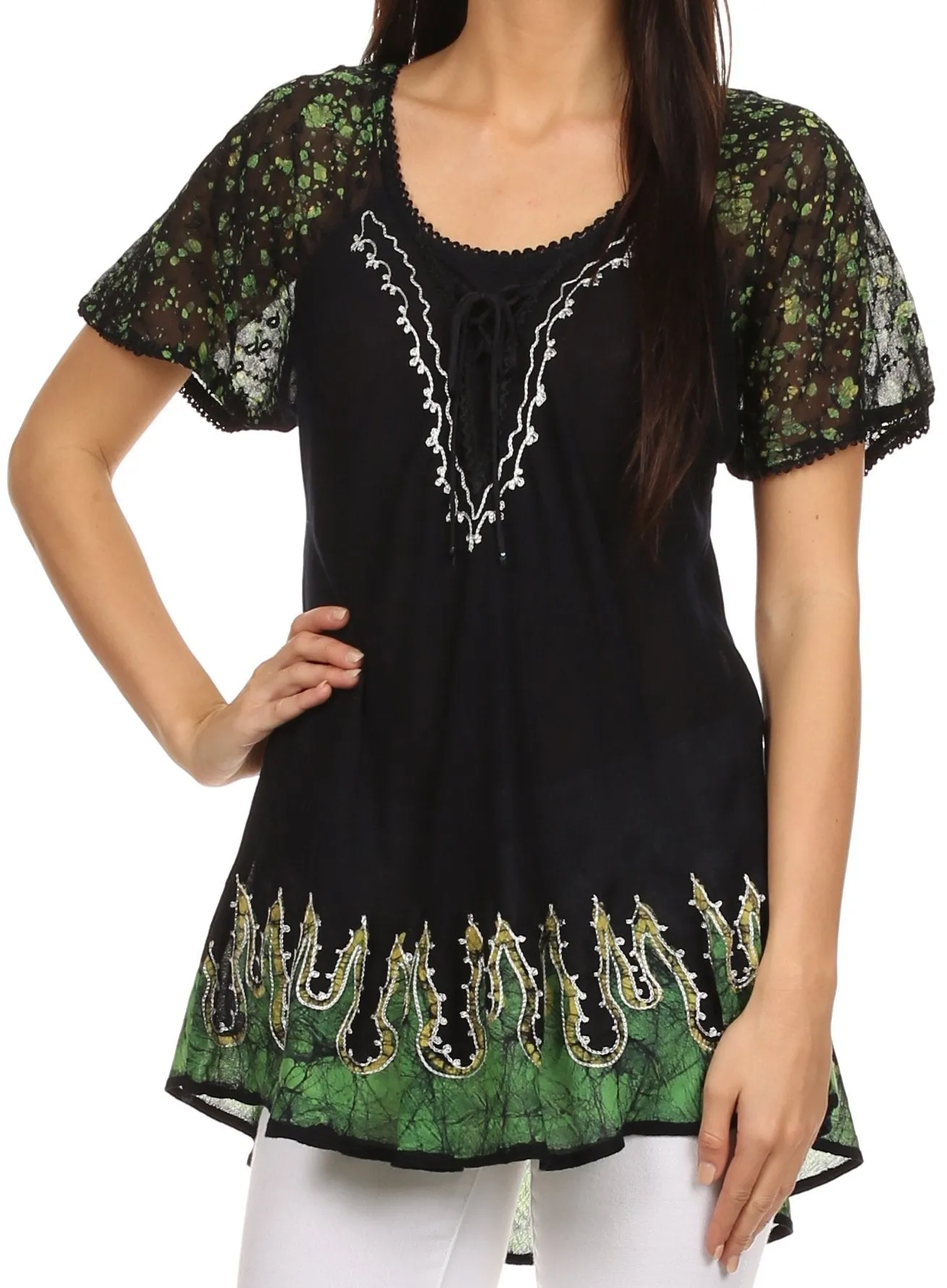 Sakkas Cora Relaxed Fit Batik Design Embroidery Cap Sleeves Blouse / Top