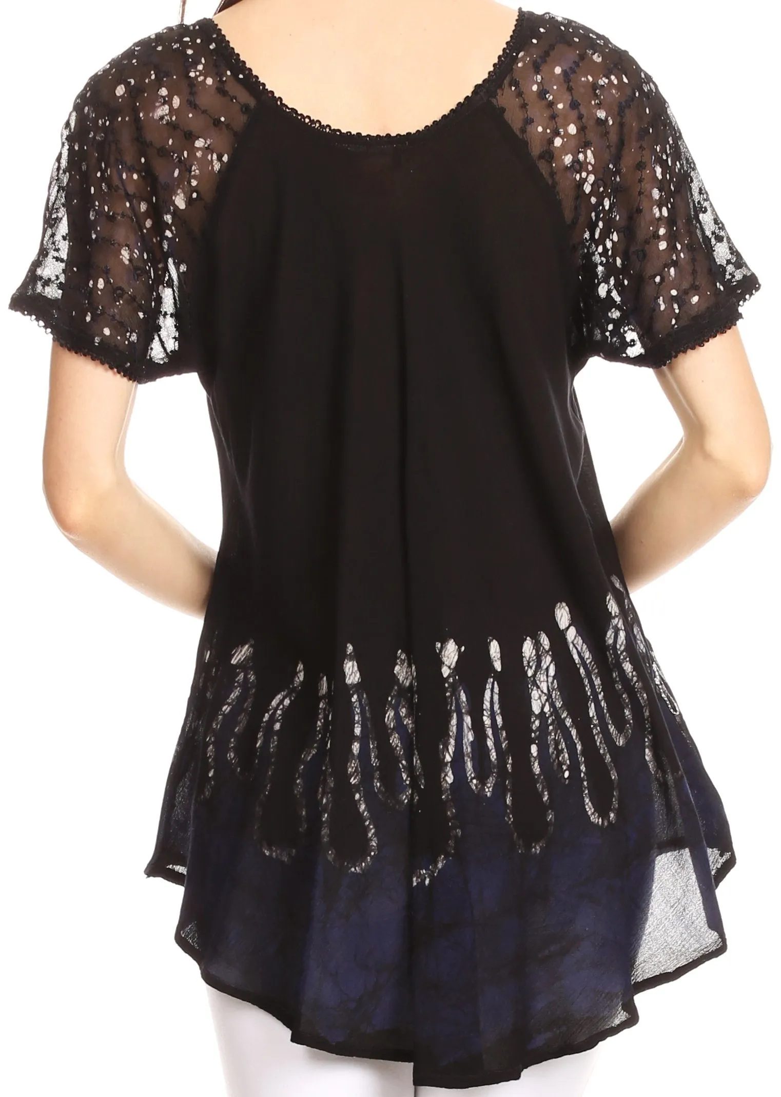 Sakkas Cora Relaxed Fit Batik Design Embroidery Cap Sleeves Blouse / Top