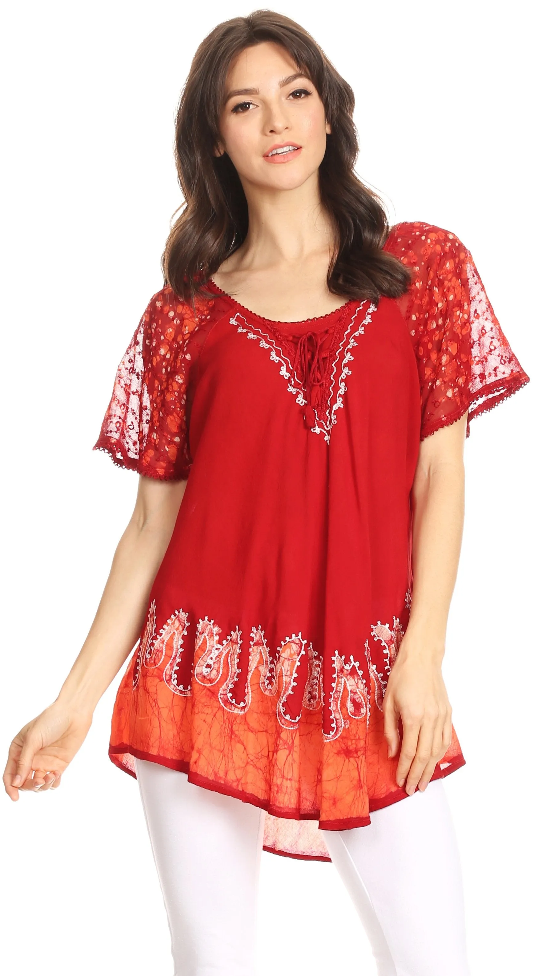 Sakkas Cora Relaxed Fit Batik Design Embroidery Cap Sleeves Blouse / Top