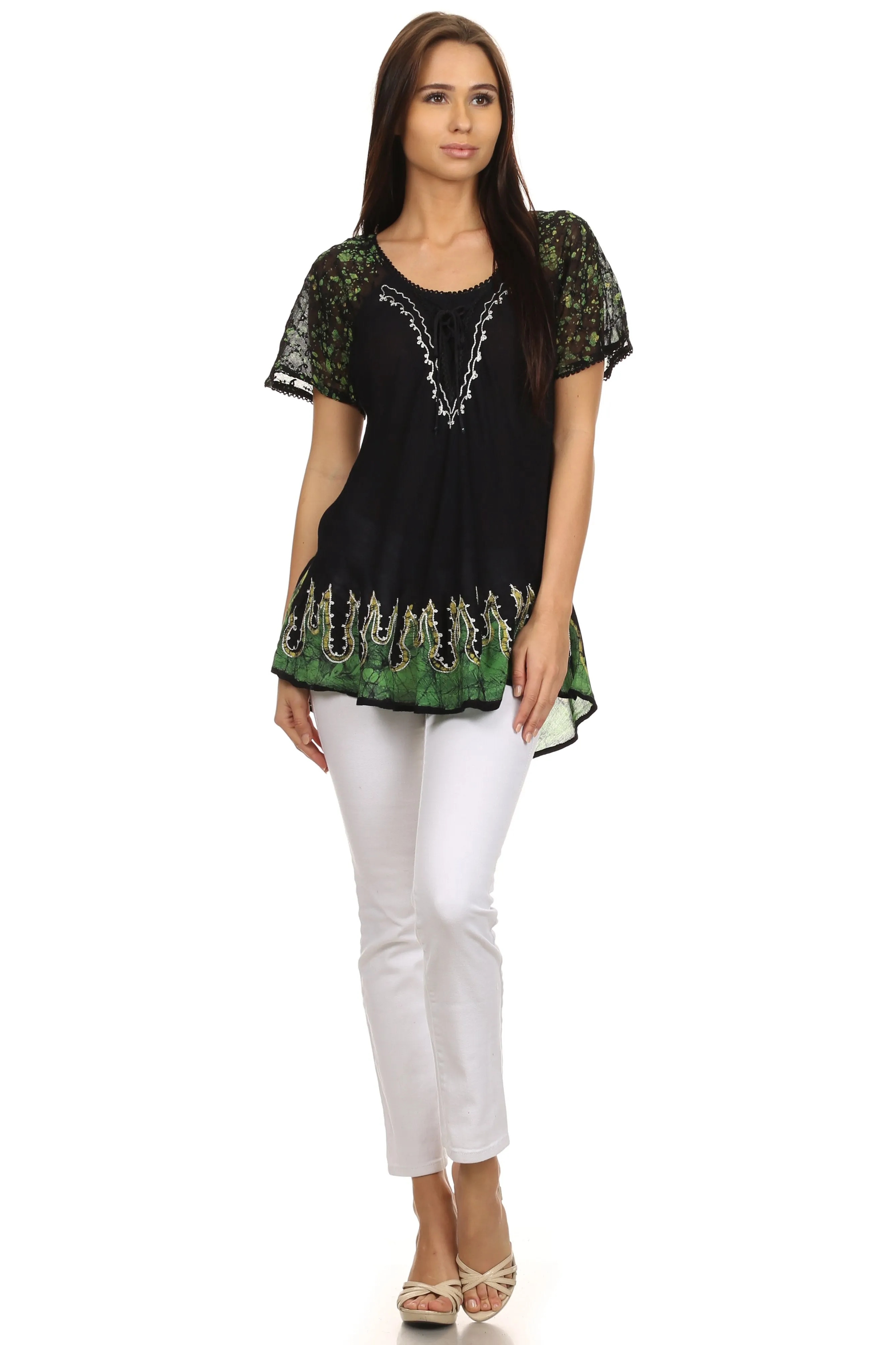 Sakkas Cora Relaxed Fit Batik Design Embroidery Cap Sleeves Blouse / Top