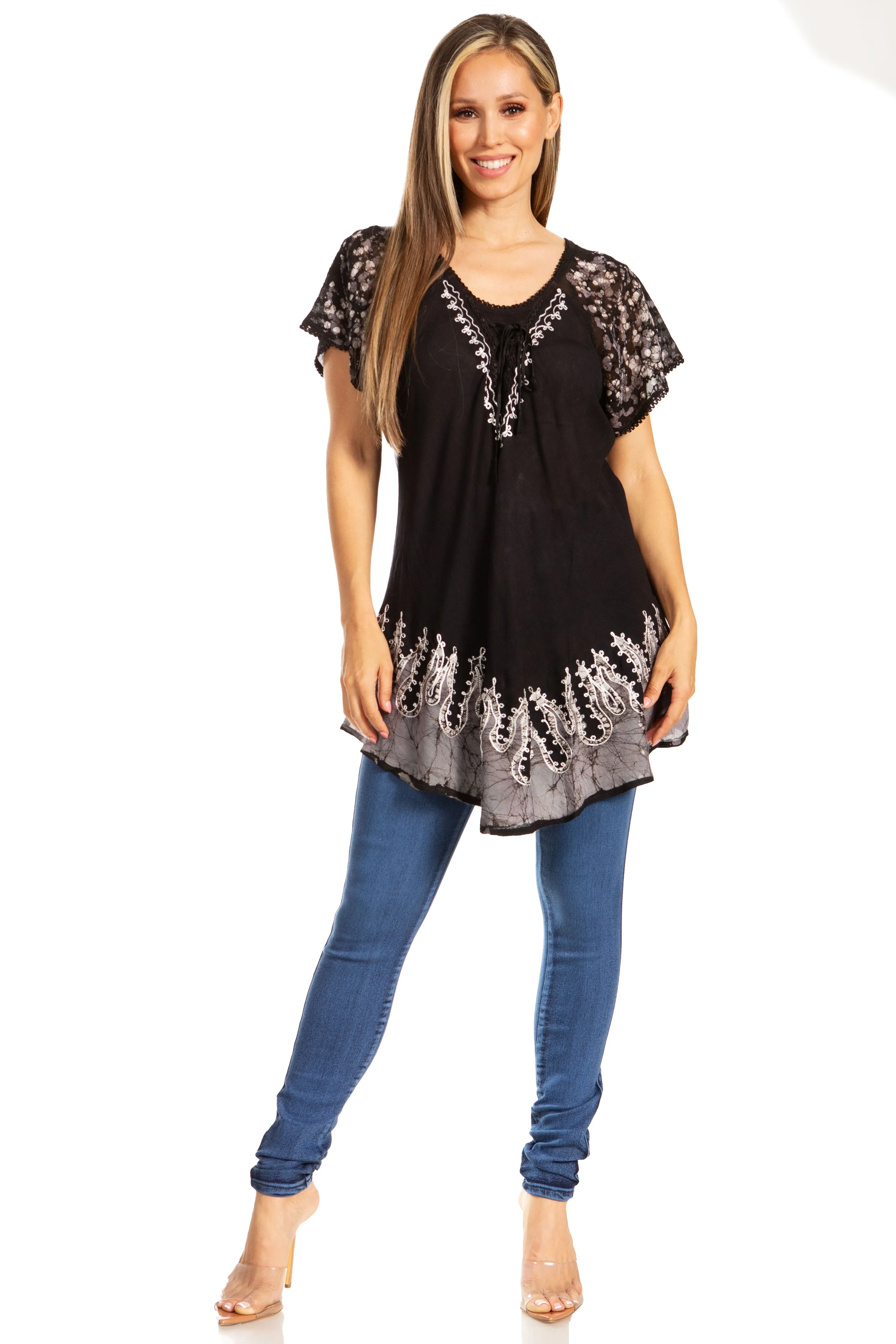 Sakkas Cora Relaxed Fit Batik Design Embroidery Cap Sleeves Blouse / Top