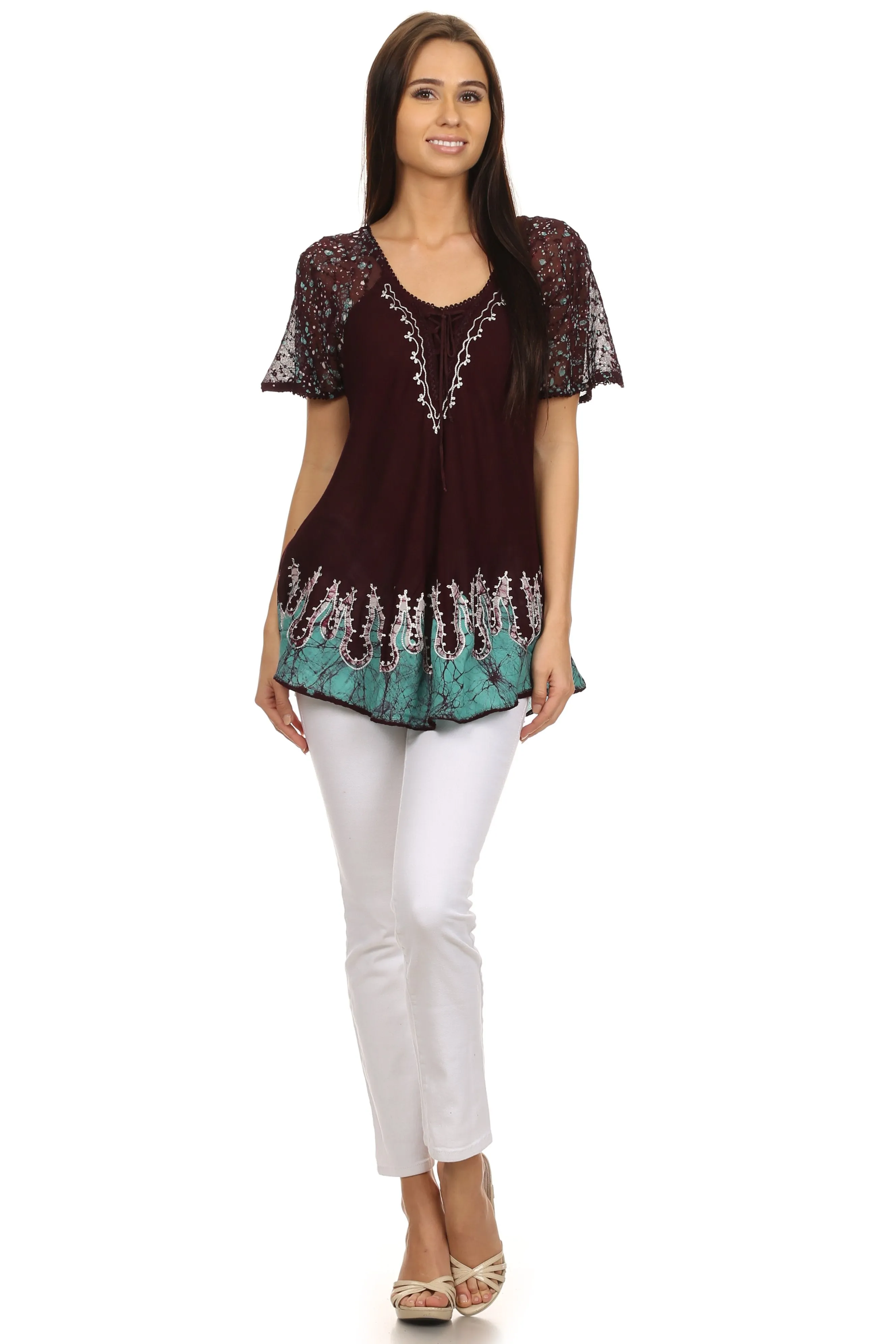 Sakkas Cora Relaxed Fit Batik Design Embroidery Cap Sleeves Blouse / Top