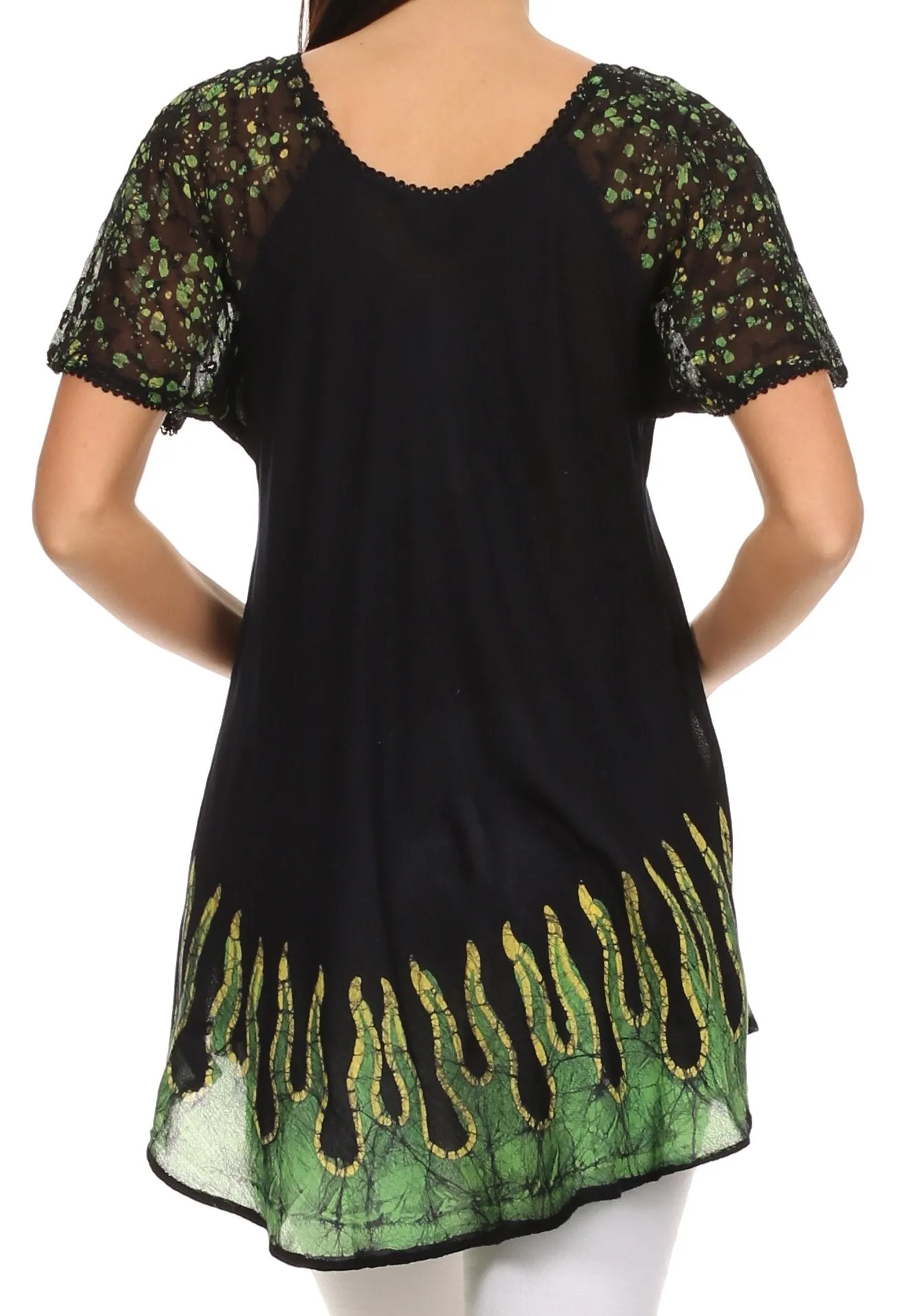 Sakkas Cora Relaxed Fit Batik Design Embroidery Cap Sleeves Blouse / Top