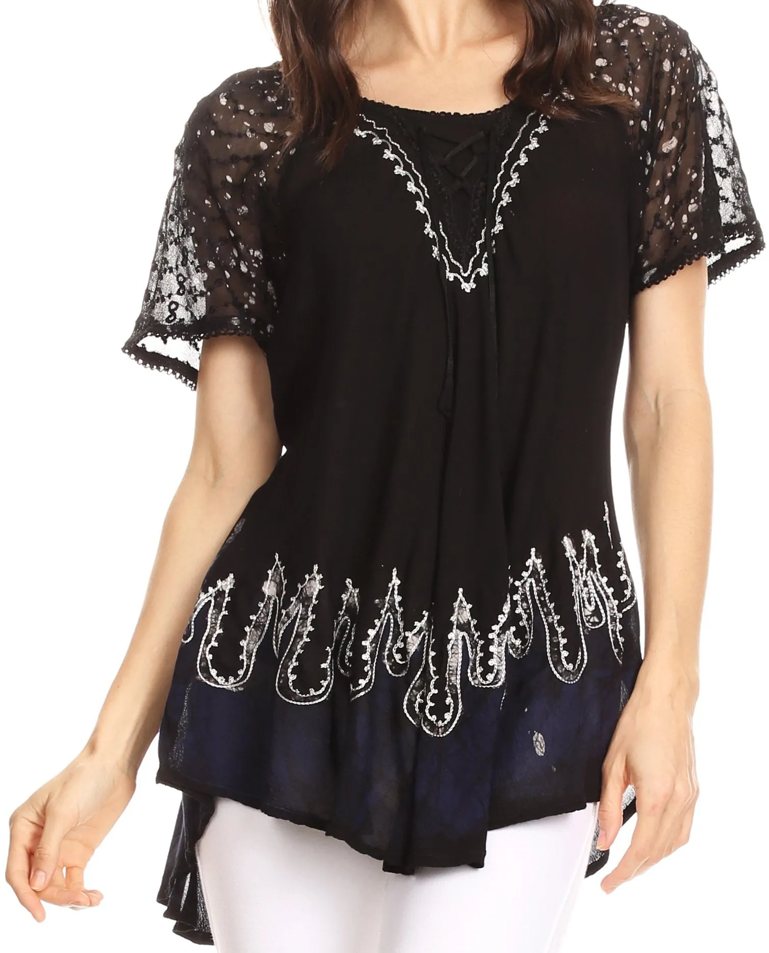 Sakkas Cora Relaxed Fit Batik Design Embroidery Cap Sleeves Blouse / Top