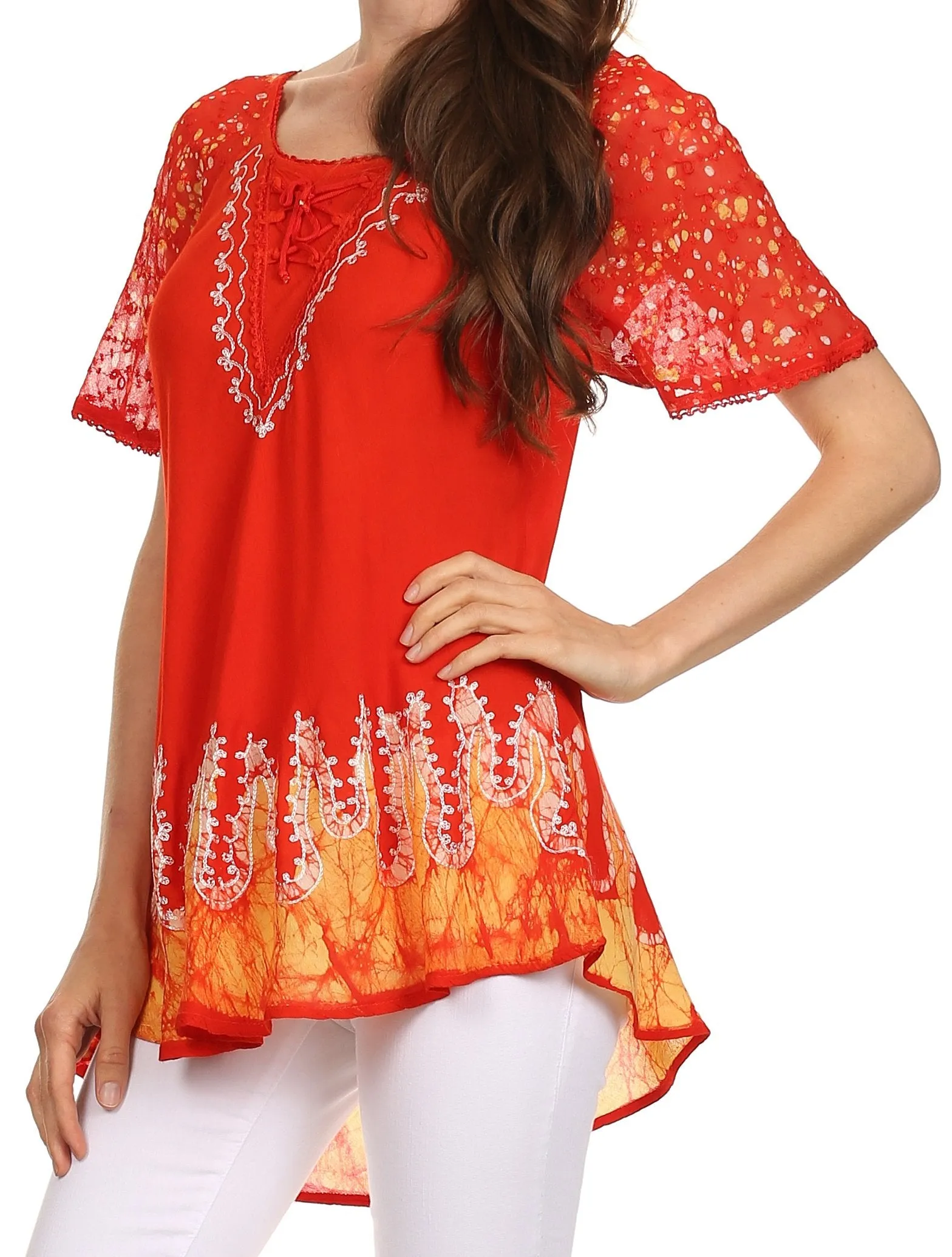 Sakkas Cora Relaxed Fit Batik Design Embroidery Cap Sleeves Blouse / Top