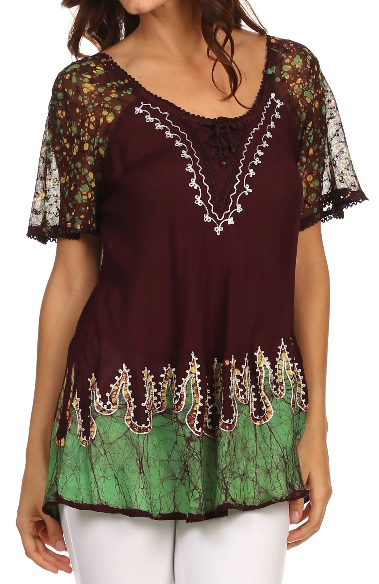 Sakkas Cora Relaxed Fit Batik Design Embroidery Cap Sleeves Blouse / Top