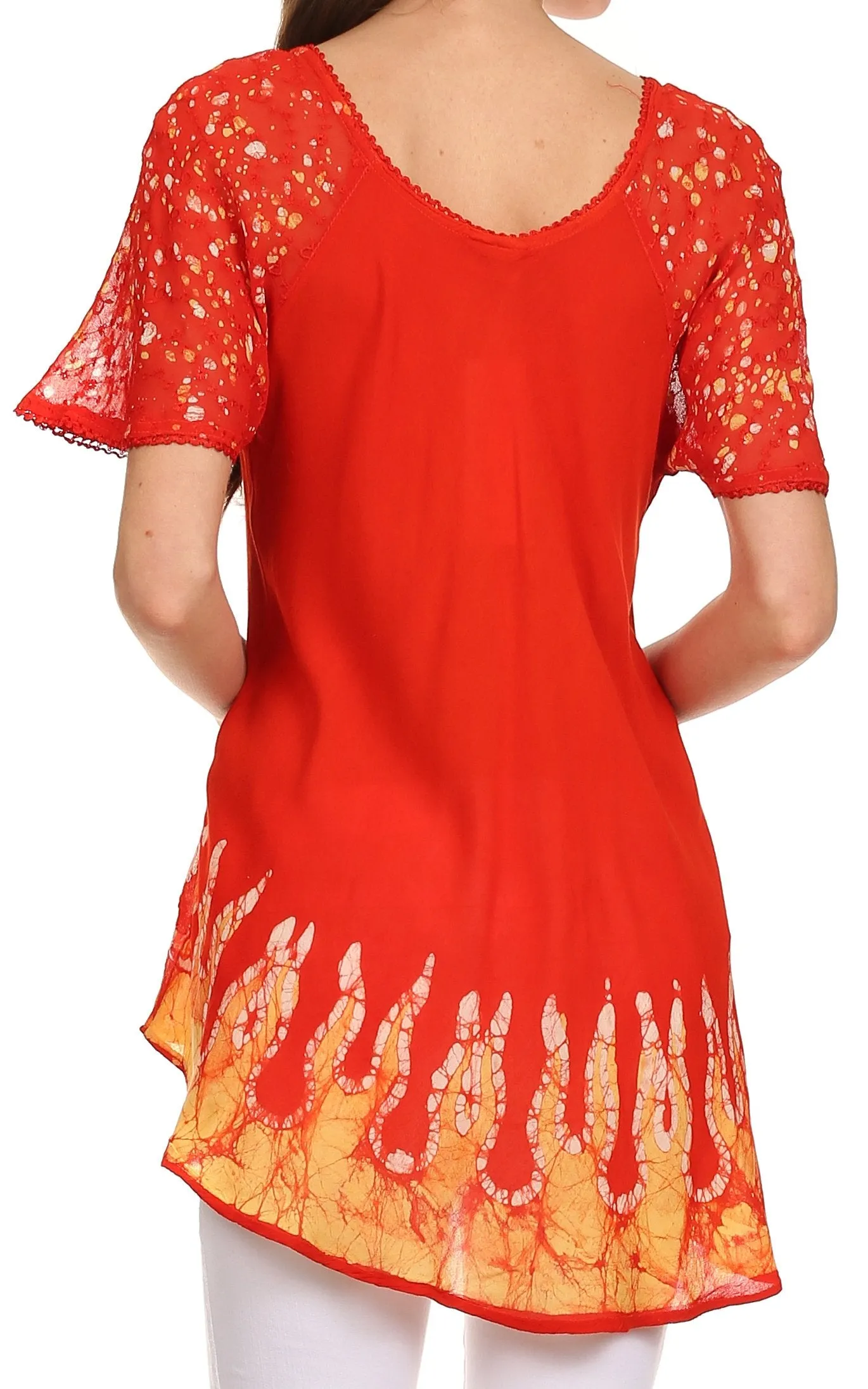 Sakkas Cora Relaxed Fit Batik Design Embroidery Cap Sleeves Blouse / Top