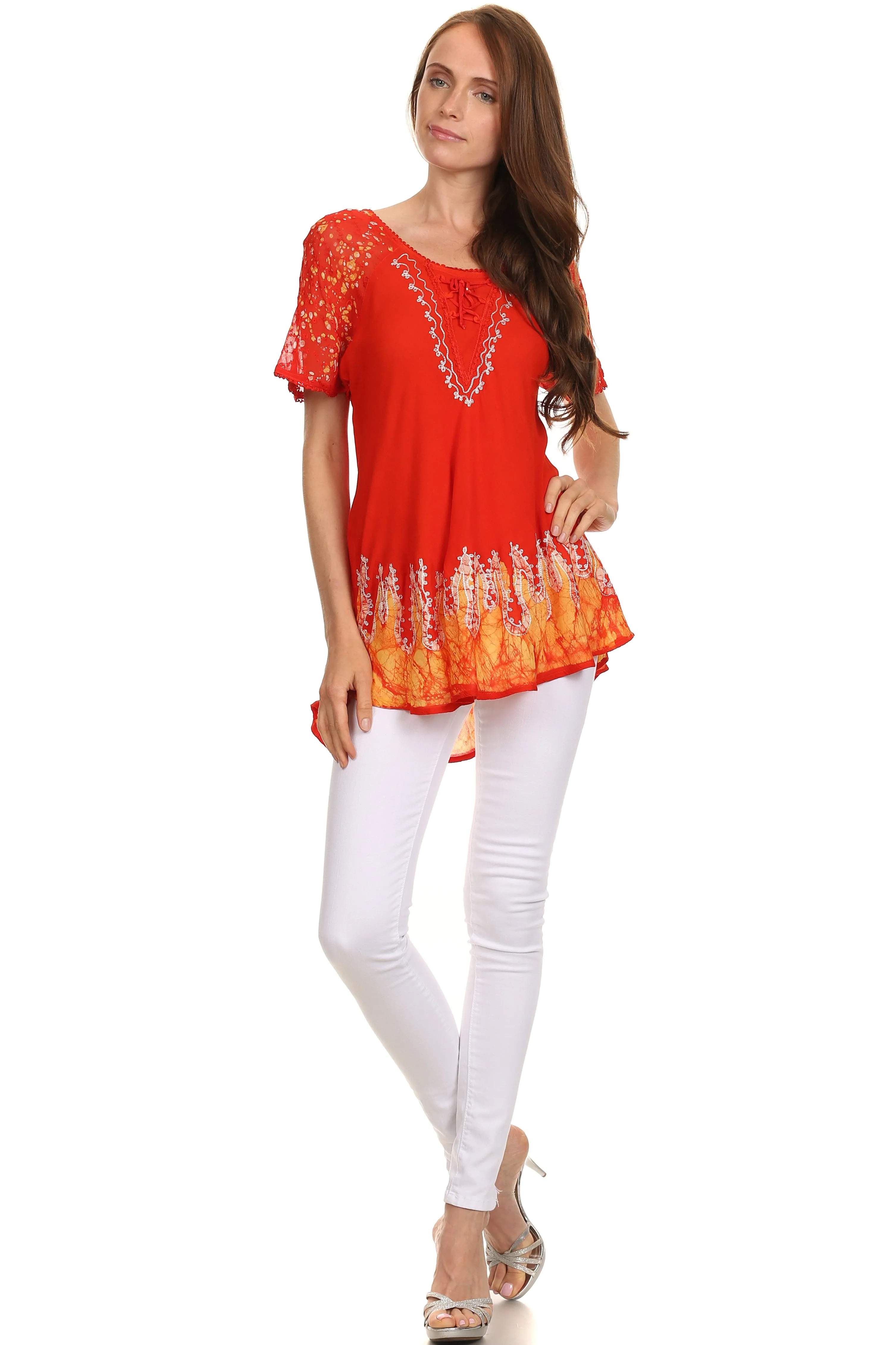 Sakkas Cora Relaxed Fit Batik Design Embroidery Cap Sleeves Blouse / Top