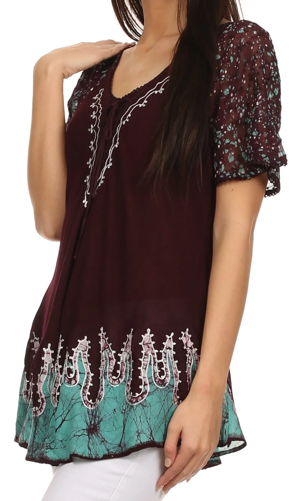 Sakkas Cora Relaxed Fit Batik Design Embroidery Cap Sleeves Blouse / Top