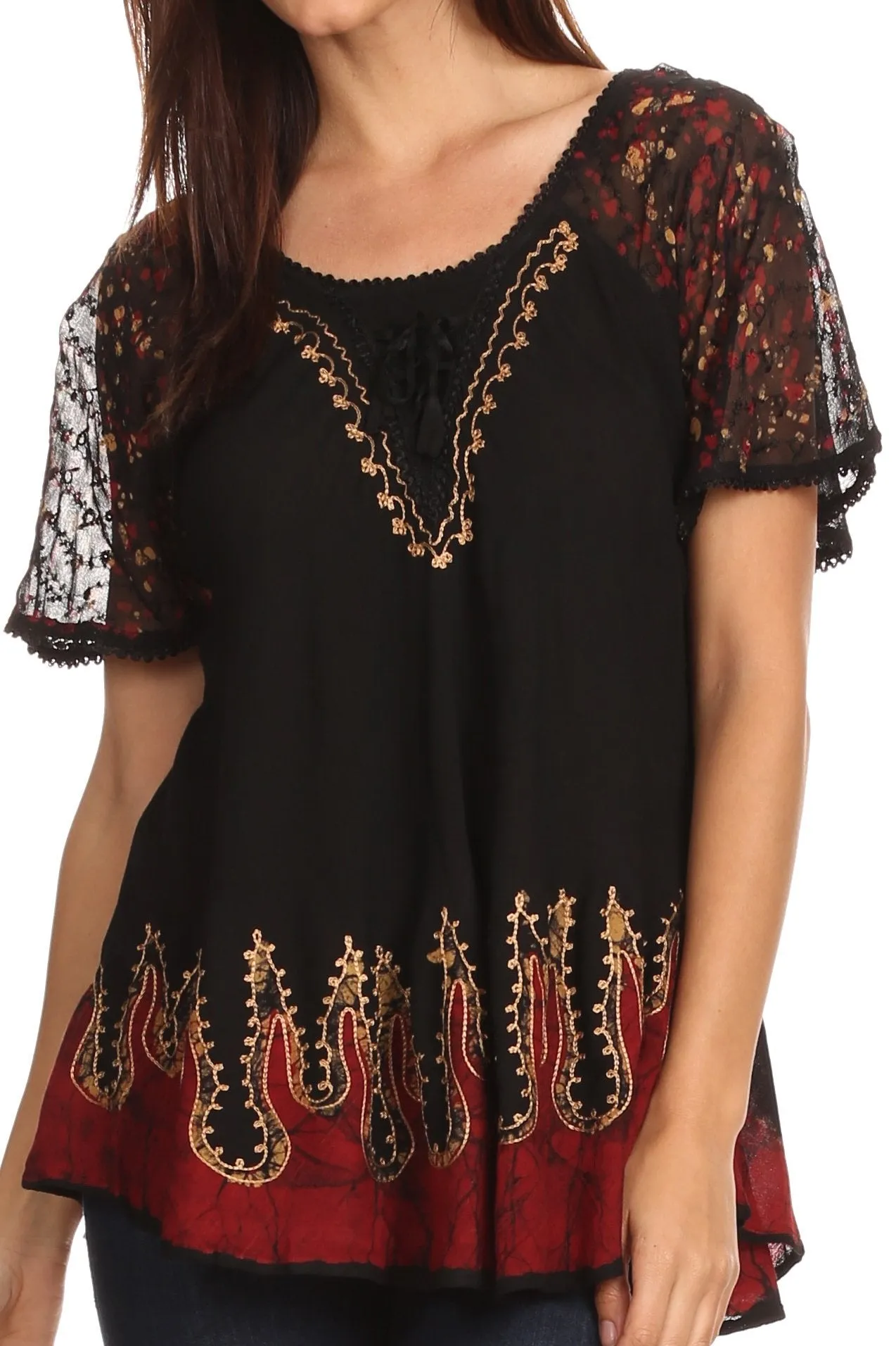 Sakkas Cora Relaxed Fit Batik Design Embroidery Cap Sleeves Blouse / Top