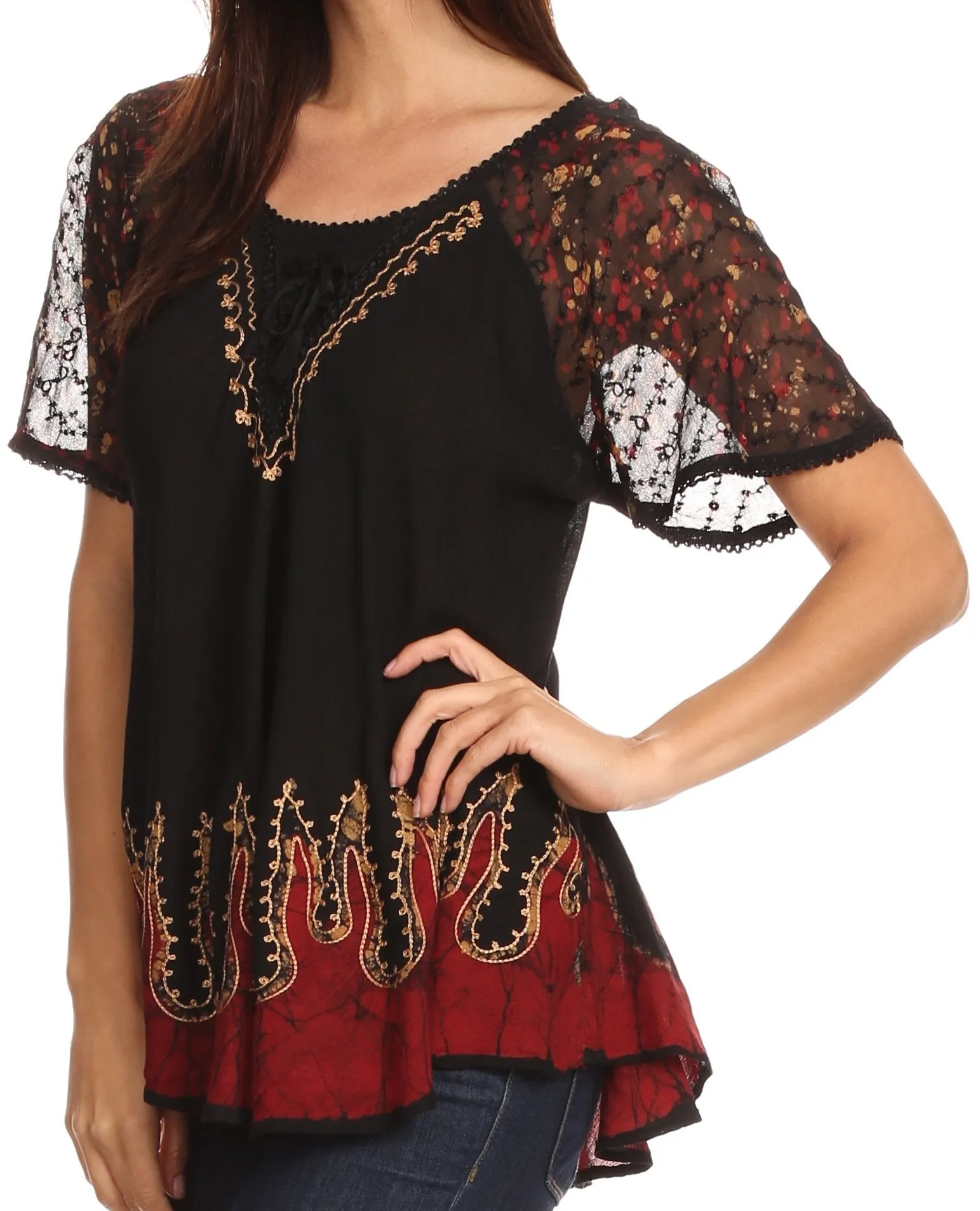 Sakkas Cora Relaxed Fit Batik Design Embroidery Cap Sleeves Blouse / Top