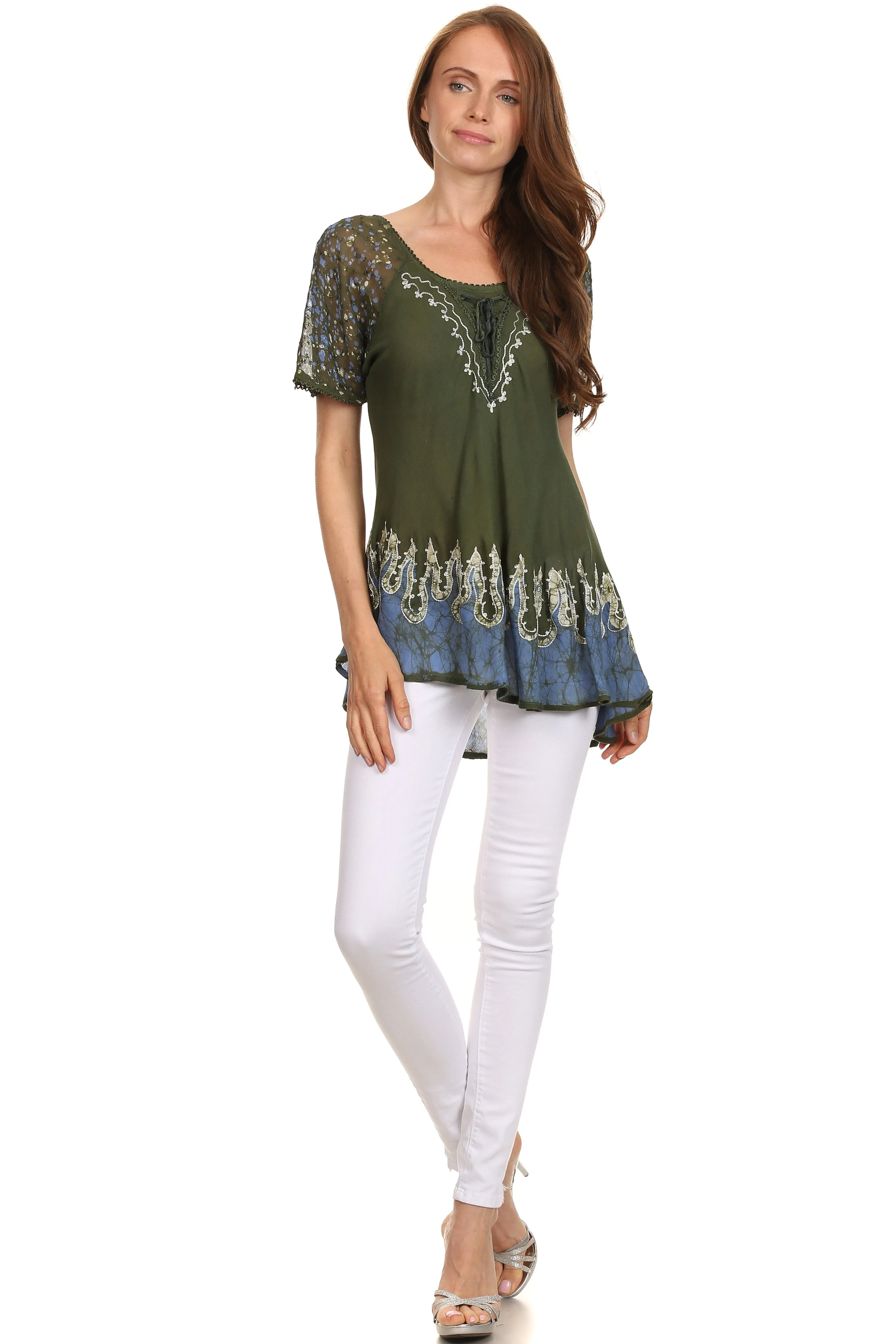 Sakkas Cora Relaxed Fit Batik Design Embroidery Cap Sleeves Blouse / Top