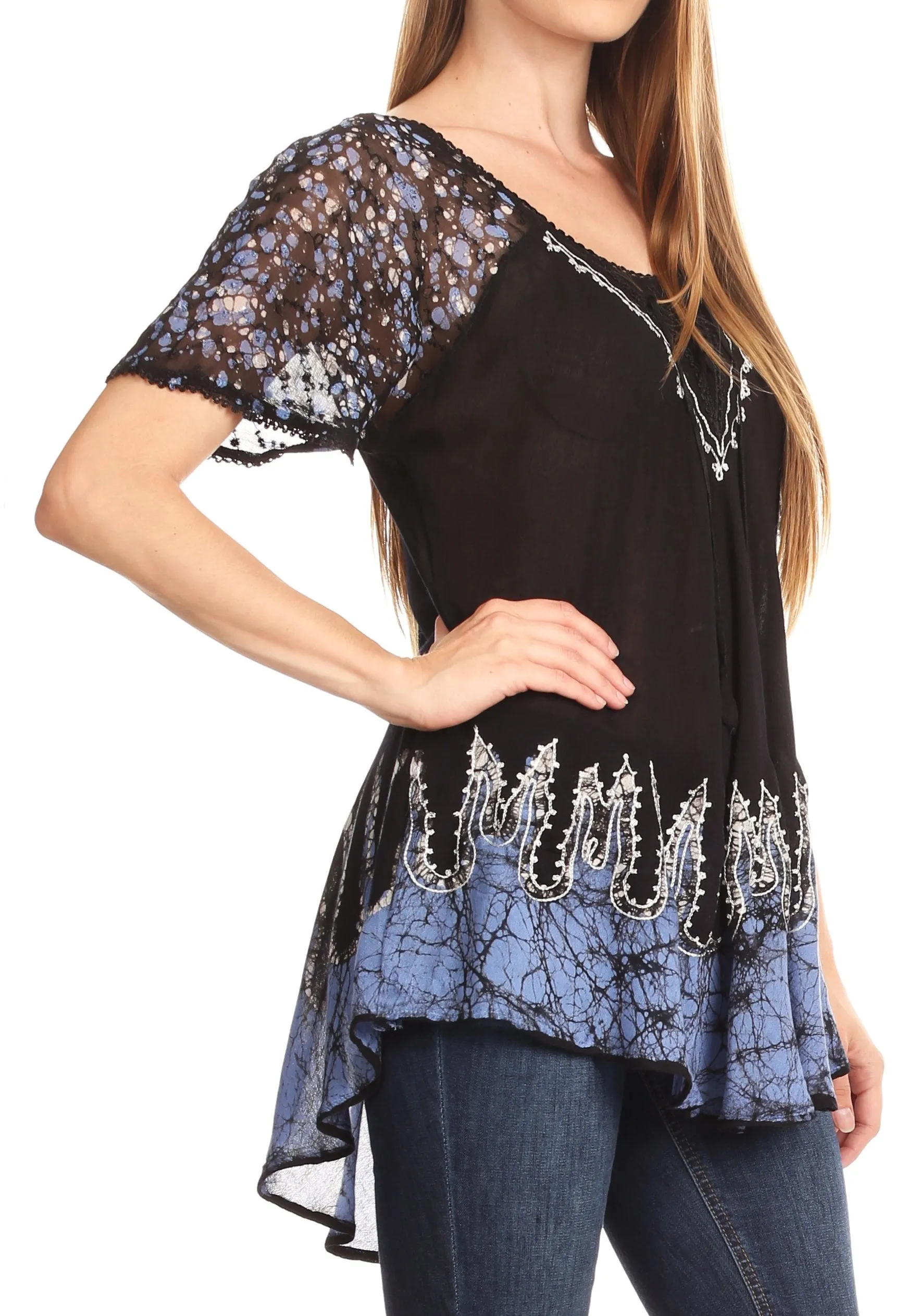 Sakkas Cora Relaxed Fit Batik Design Embroidery Cap Sleeves Blouse / Top