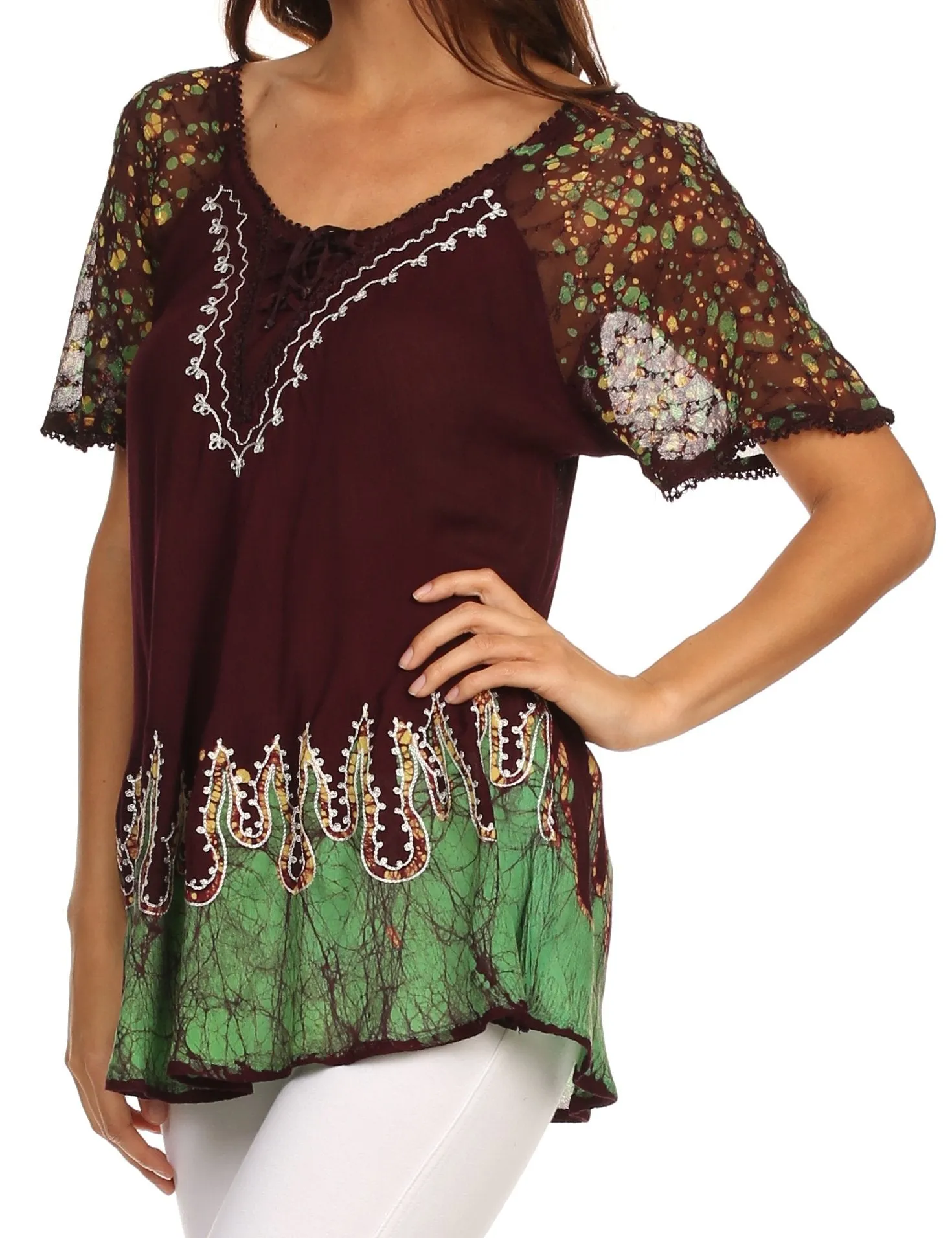 Sakkas Cora Relaxed Fit Batik Design Embroidery Cap Sleeves Blouse / Top