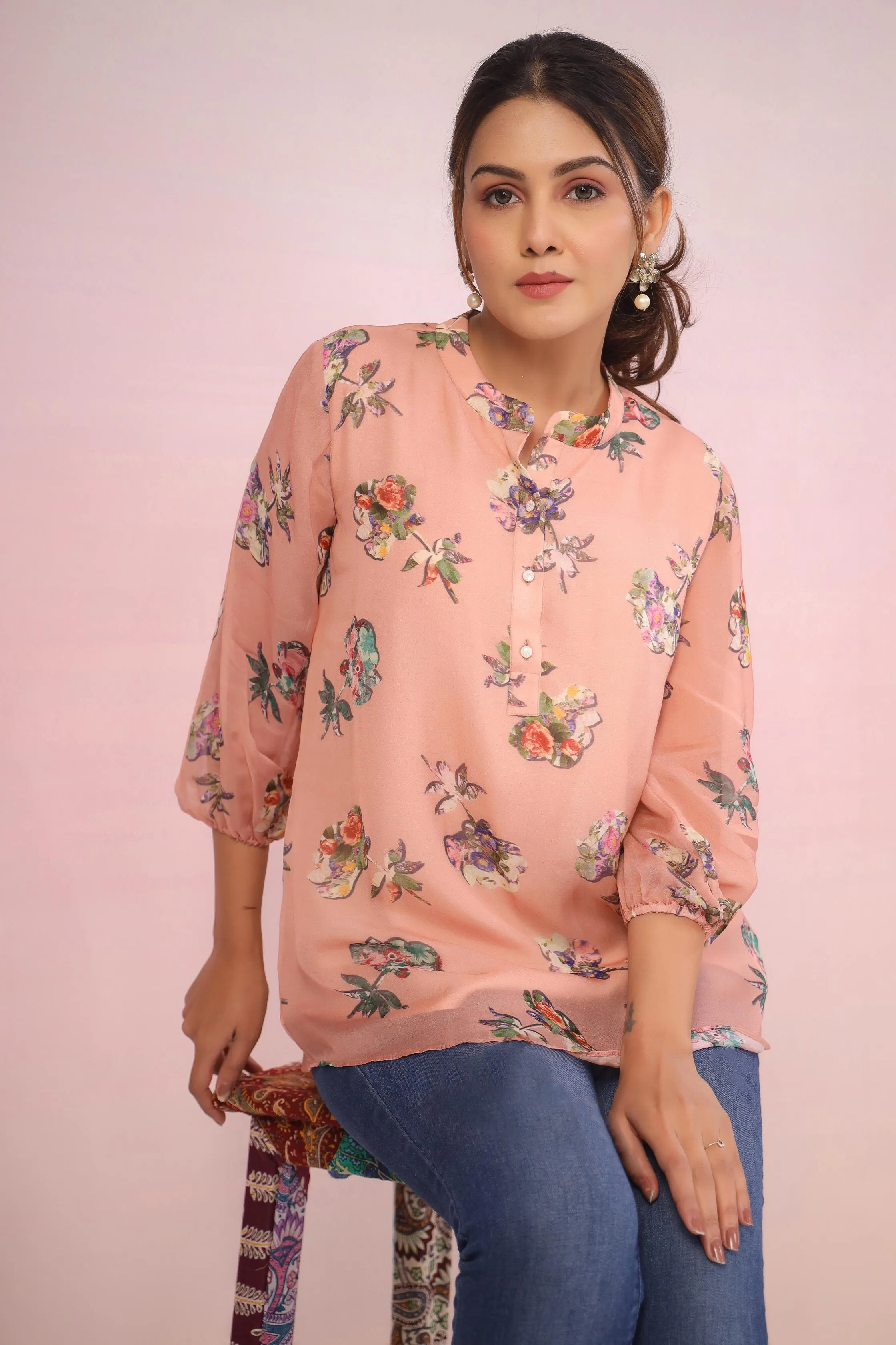 Salmon Pink Floral Printed Organza Silk Short Top