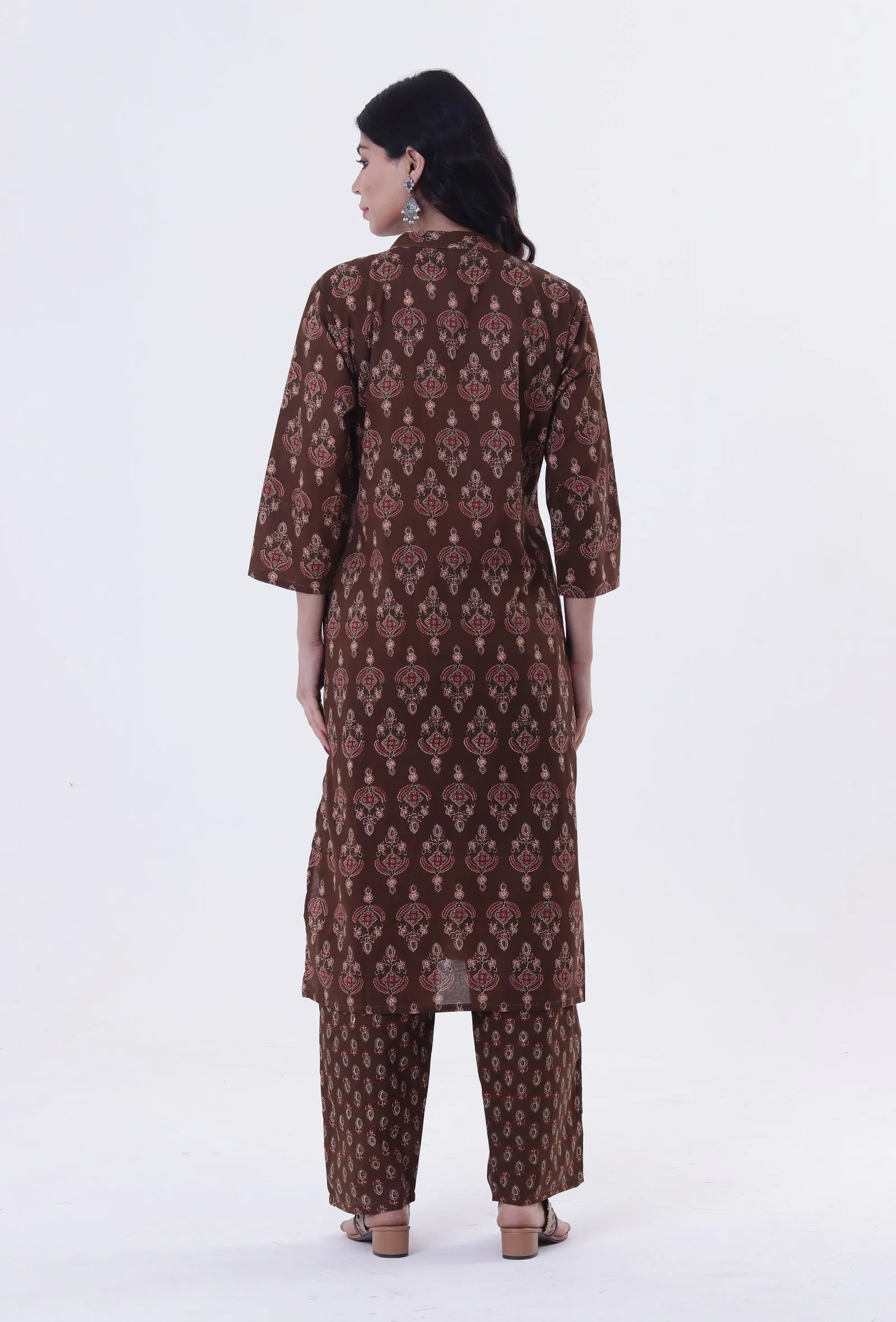 Set Of 2: Brown & Multicolor Cotton Block Printed Kurta & Pant