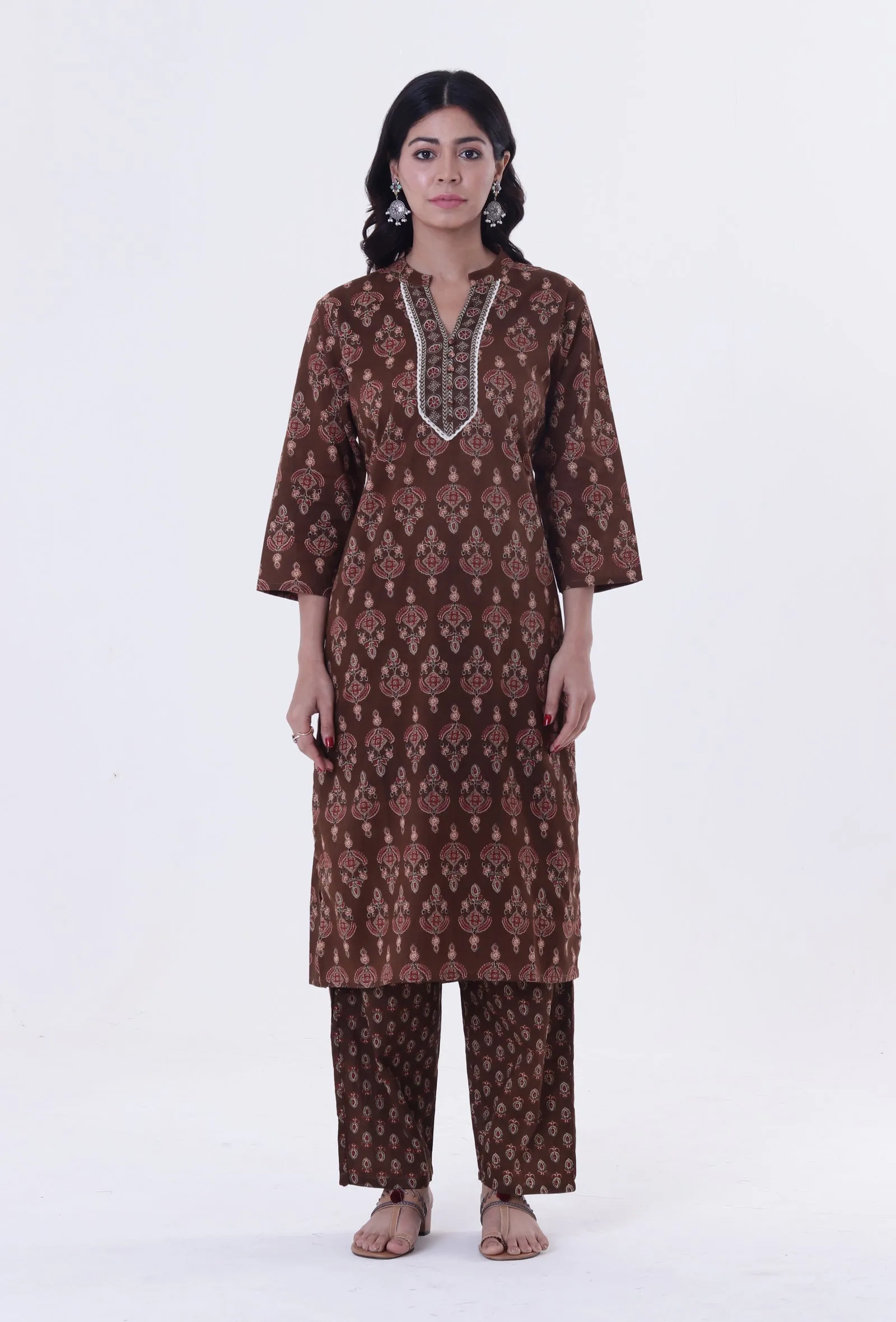 Set Of 2: Brown & Multicolor Cotton Block Printed Kurta & Pant