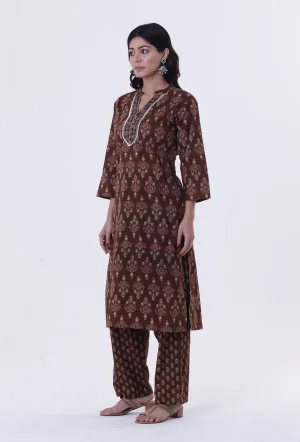 Set Of 2: Brown & Multicolor Cotton Block Printed Kurta & Pant