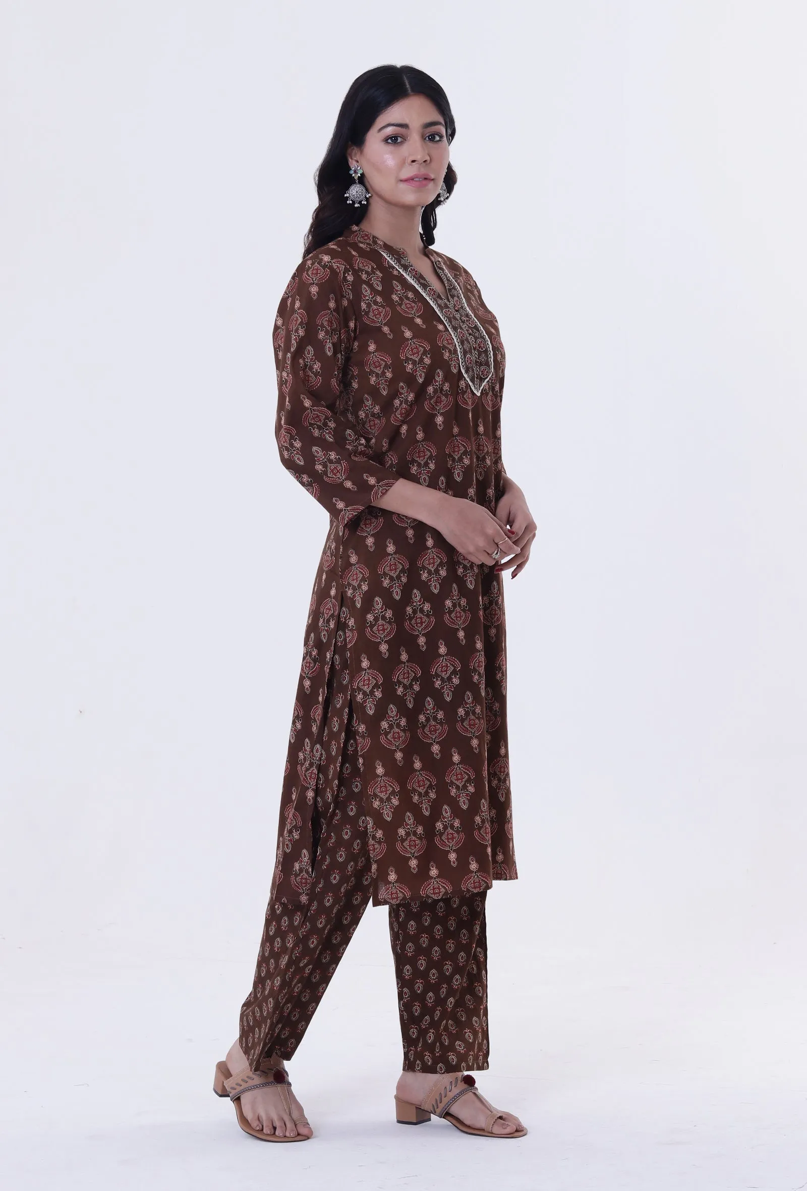 Set Of 2: Brown & Multicolor Cotton Block Printed Kurta & Pant