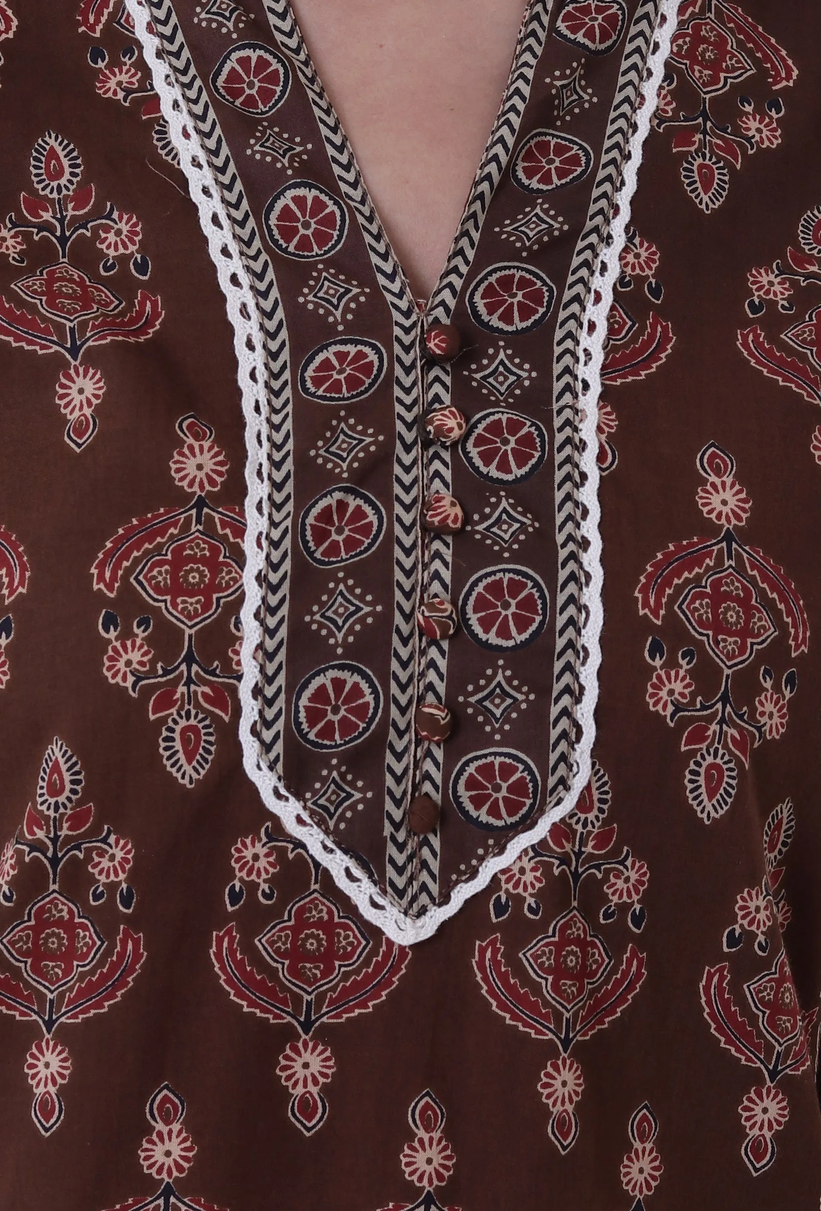 Set Of 2: Brown & Multicolor Cotton Block Printed Kurta & Pant