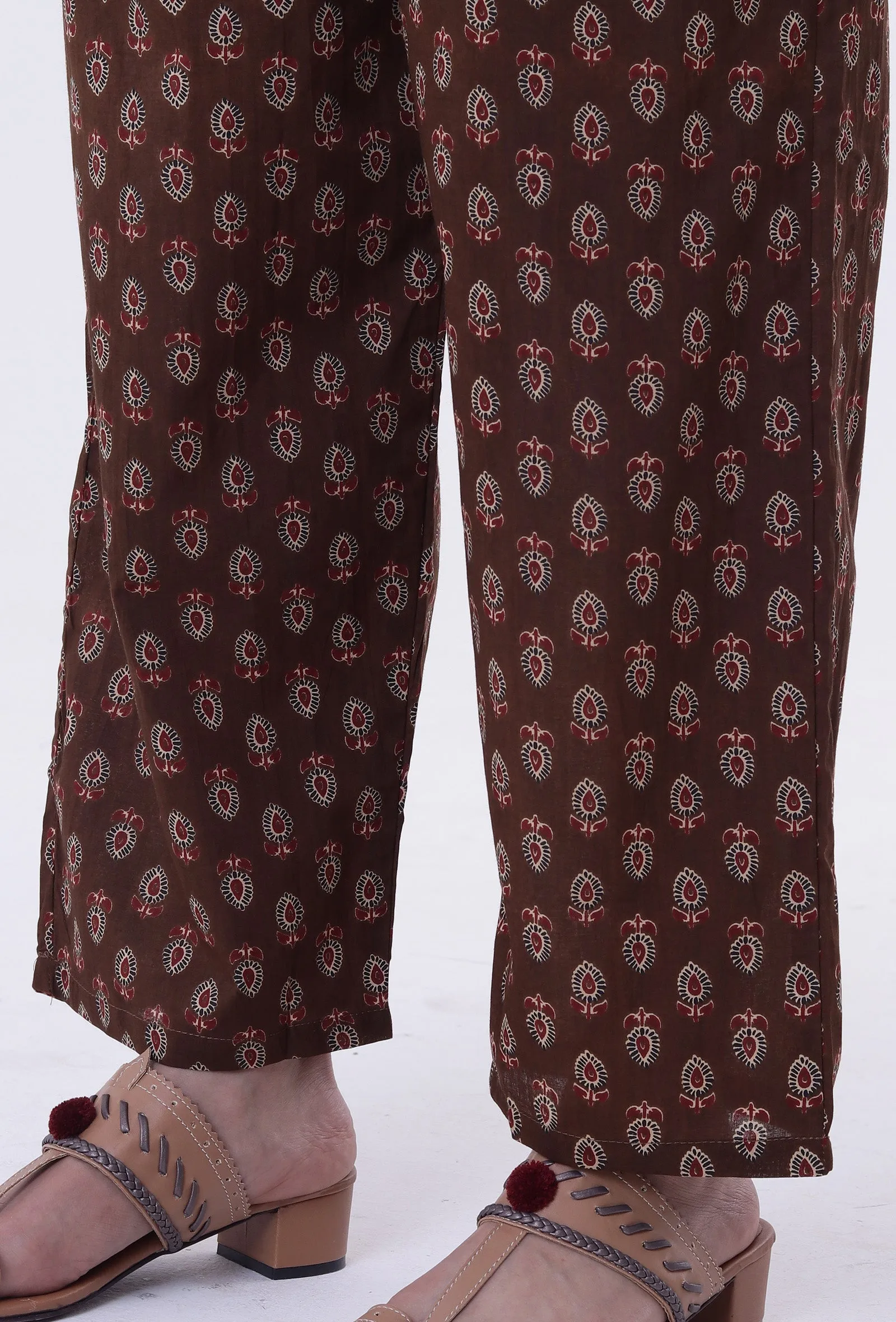 Set Of 2: Brown & Multicolor Cotton Block Printed Kurta & Pant