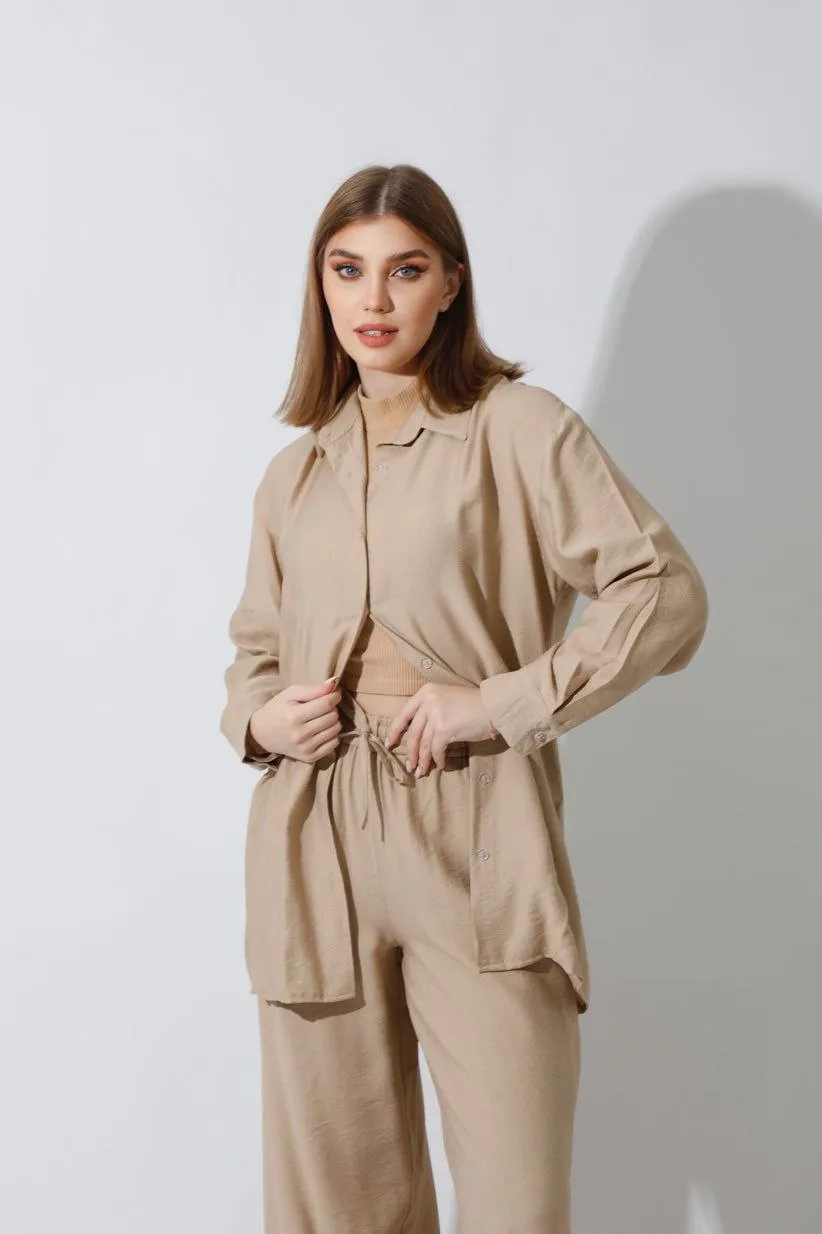 Spanish Linen - Relaxed Fit Beige Set Shirt   Pants