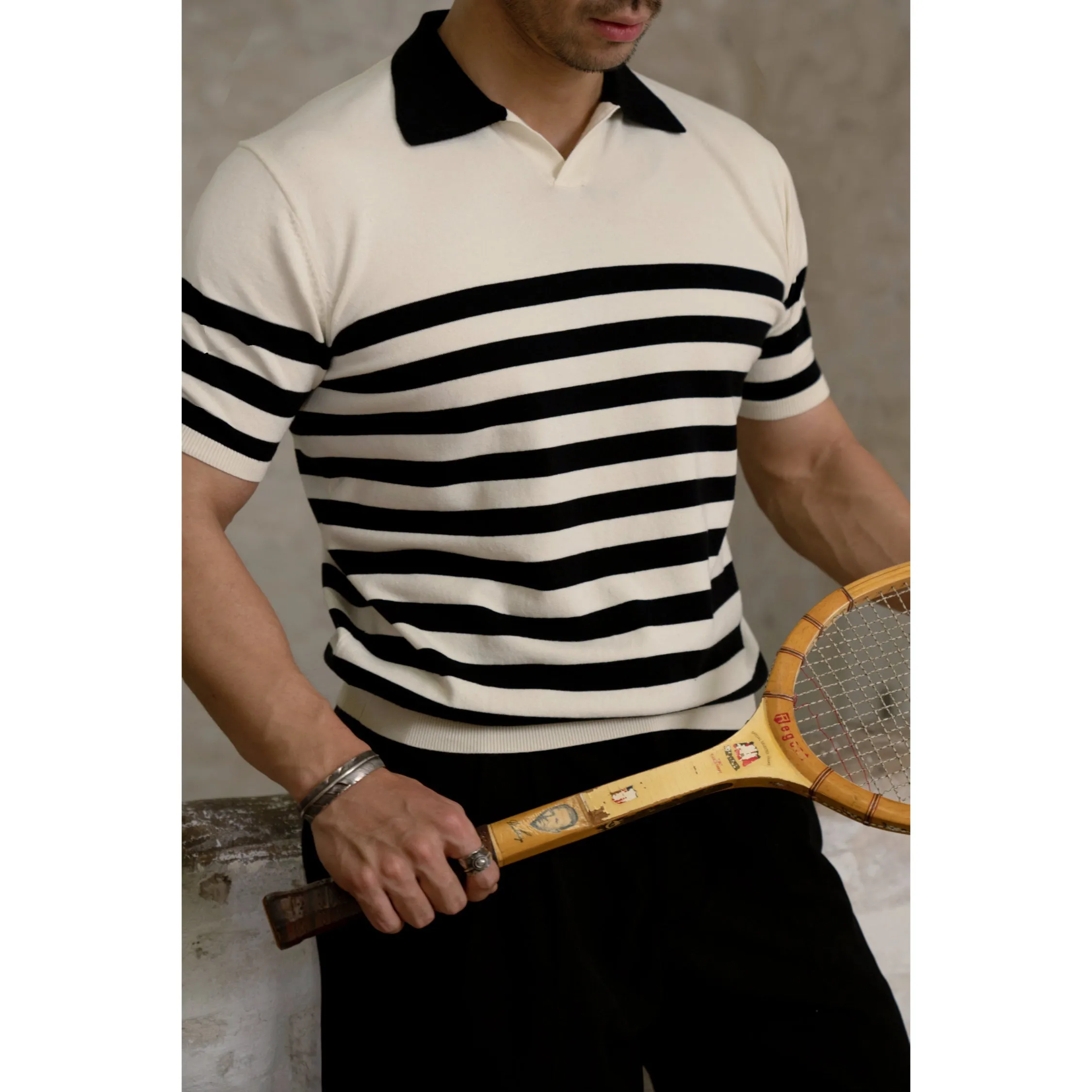 Striped Johnny Collar Shirt Men's