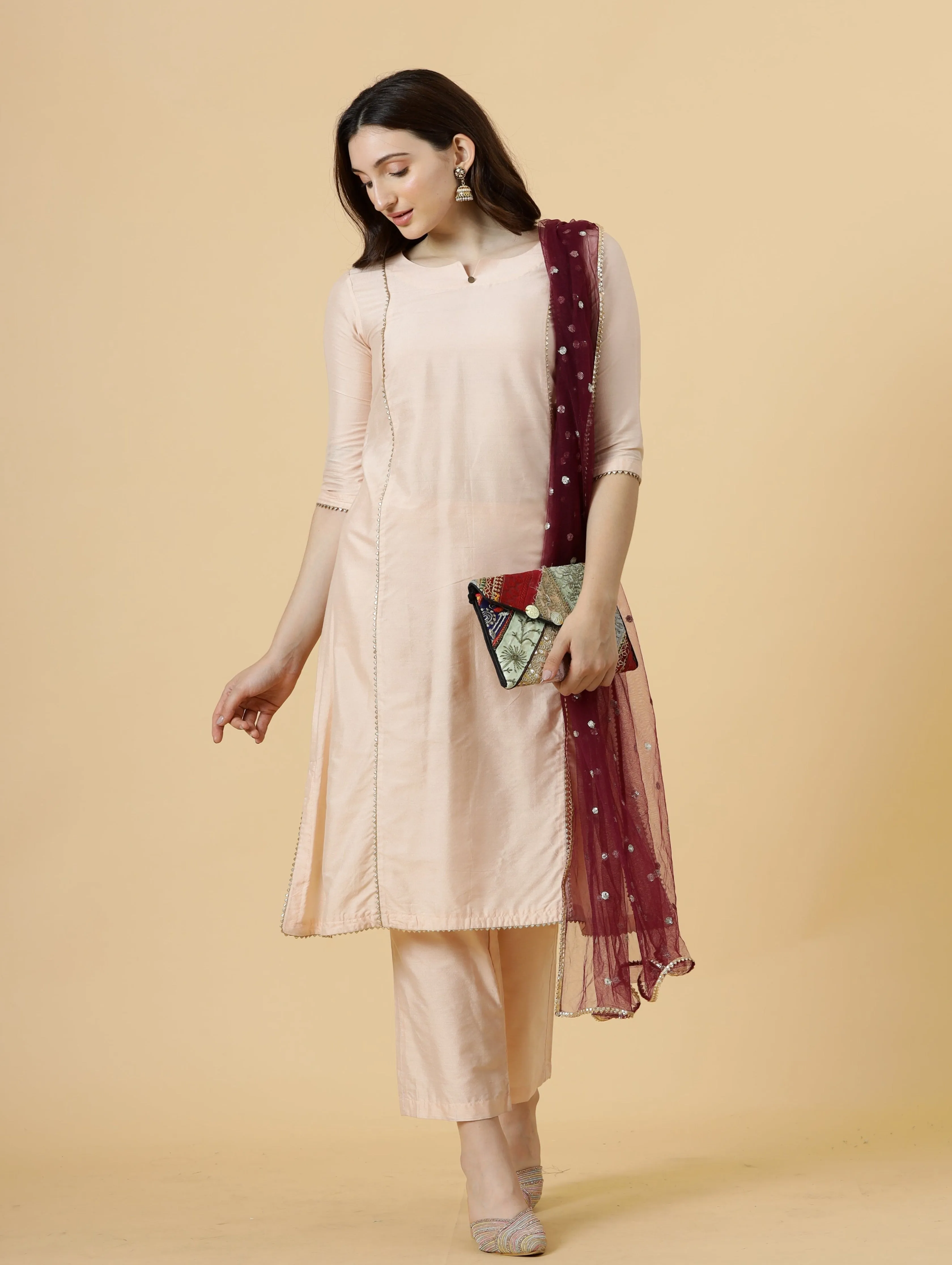 Stylish Peach A-Line Kurti-Palazzo Set paired with Wine Sequin dupatta