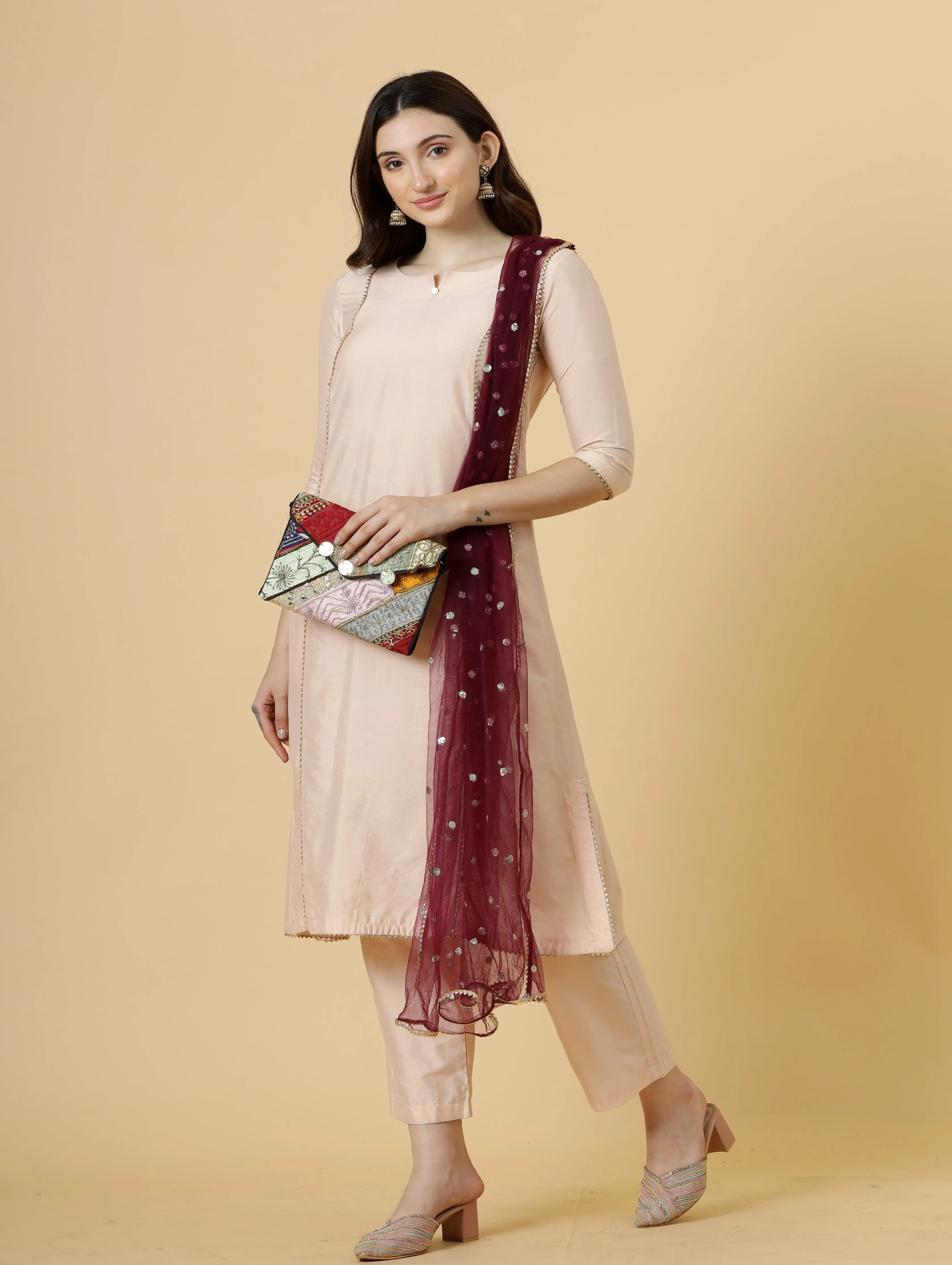 Stylish Peach A-Line Kurti-Palazzo Set paired with Wine Sequin dupatta