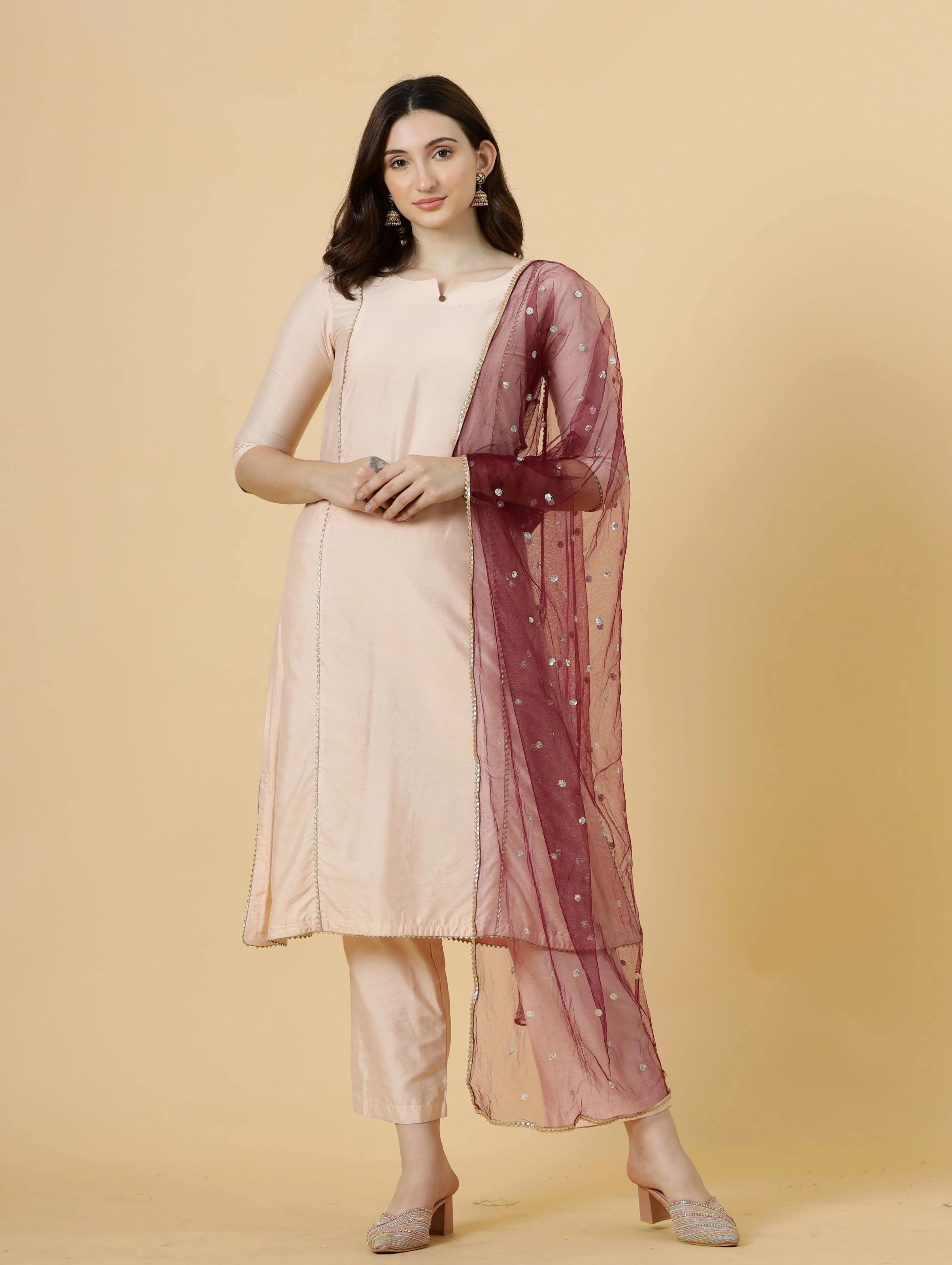 Stylish Peach A-Line Kurti-Palazzo Set paired with Wine Sequin dupatta