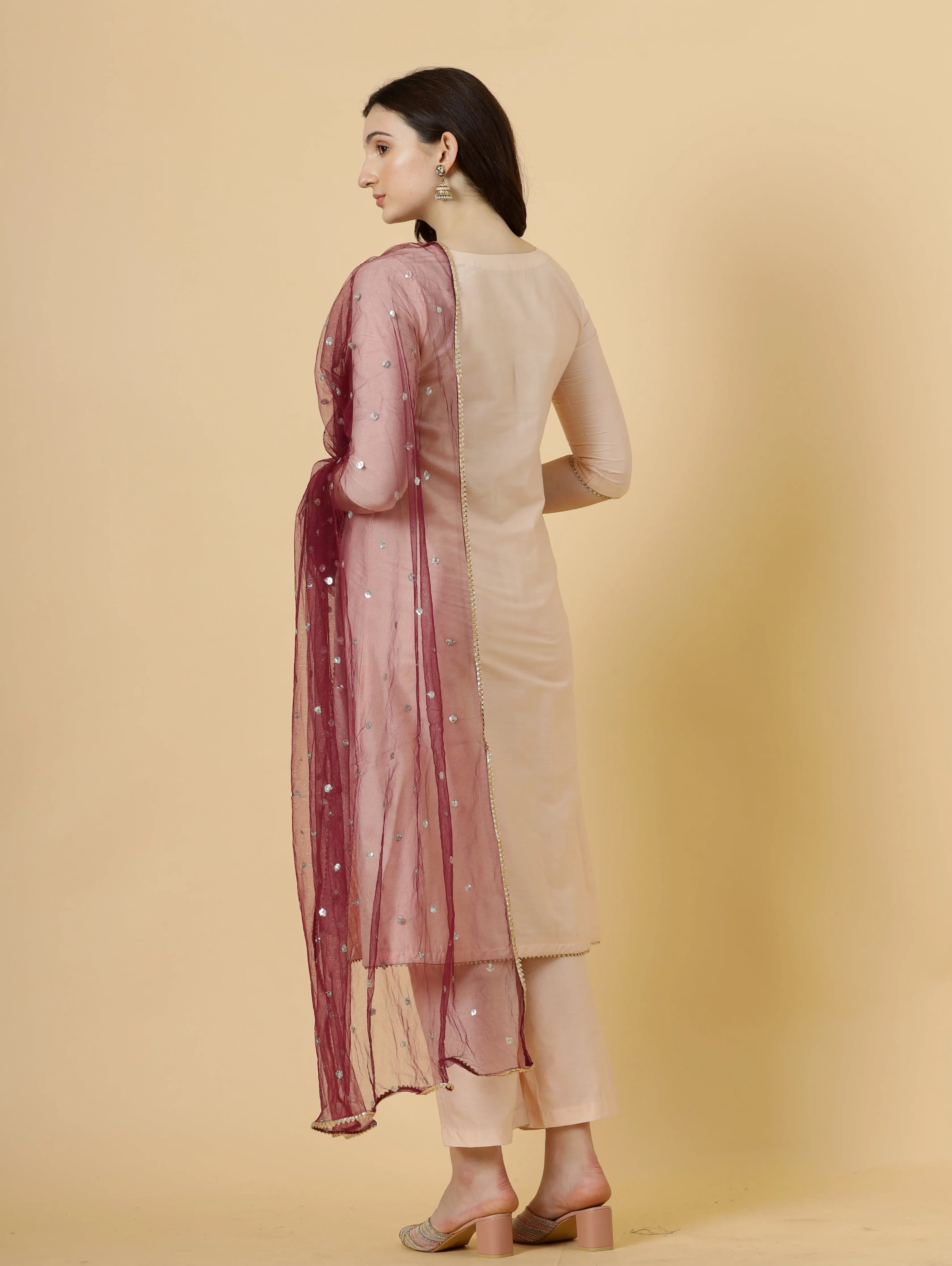 Stylish Peach A-Line Kurti-Palazzo Set paired with Wine Sequin dupatta