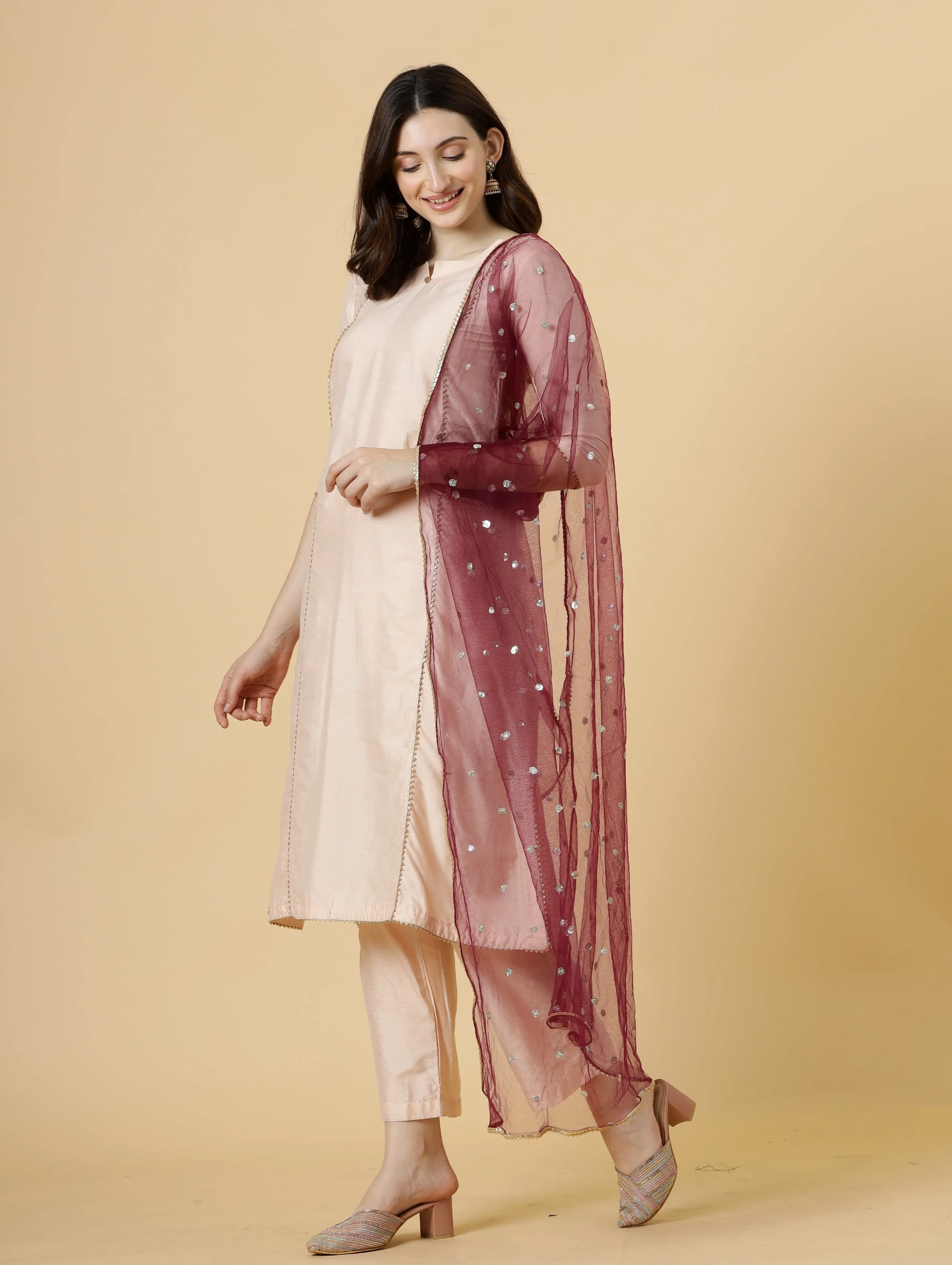 Stylish Peach A-Line Kurti-Palazzo Set paired with Wine Sequin dupatta