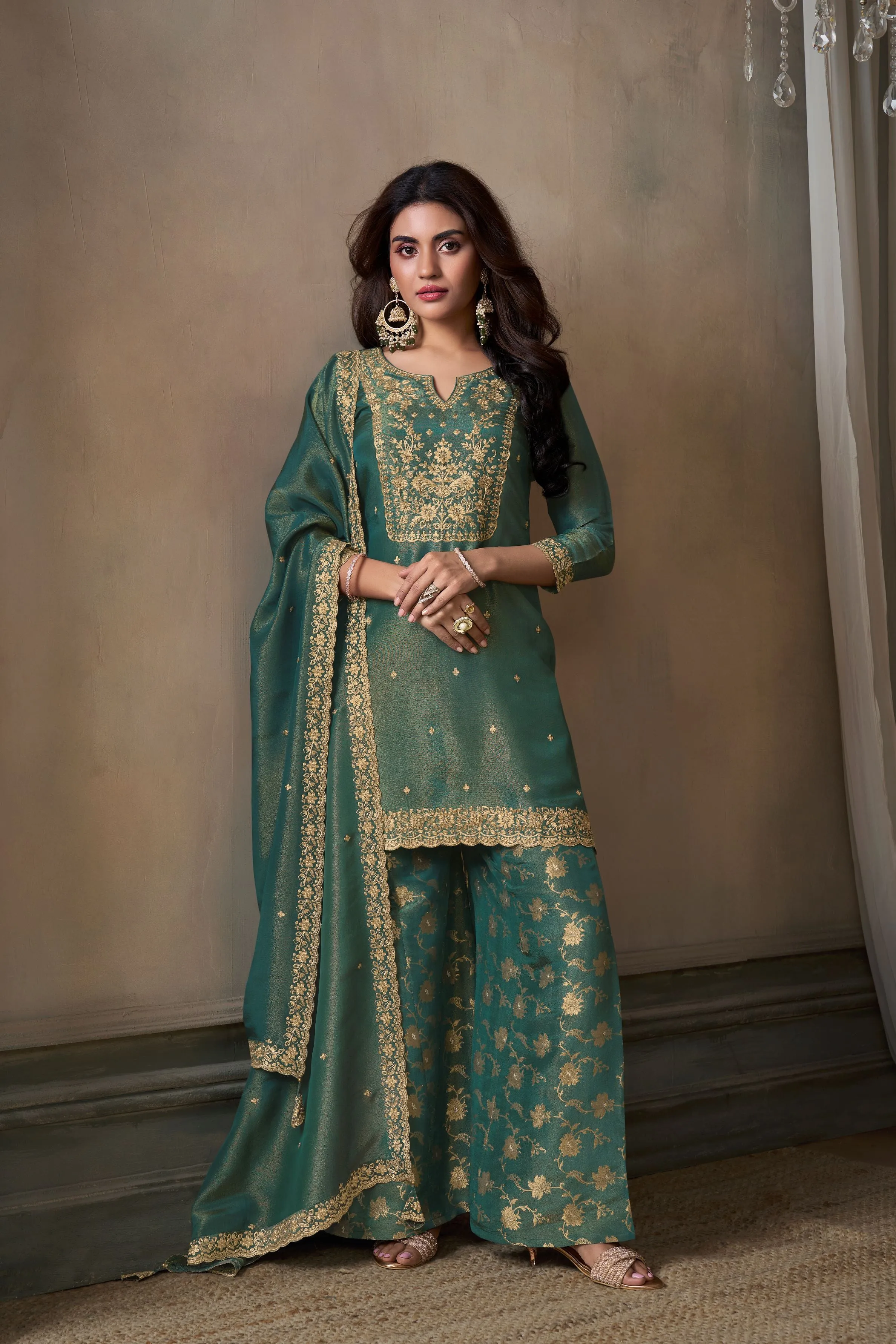 Teal Green Banarasi Tissue Silk Palazzo Set